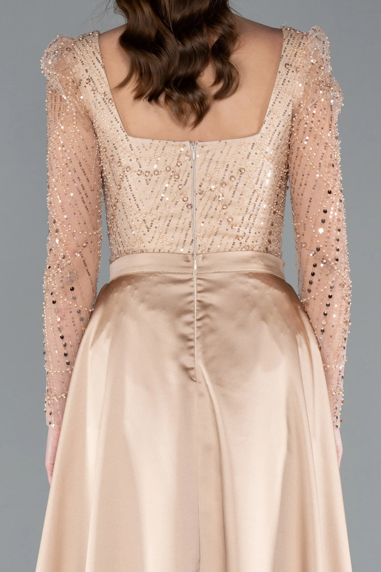 Gold-Long Sleeve Stone Embellished Satin Train Evening Dress ABU4603