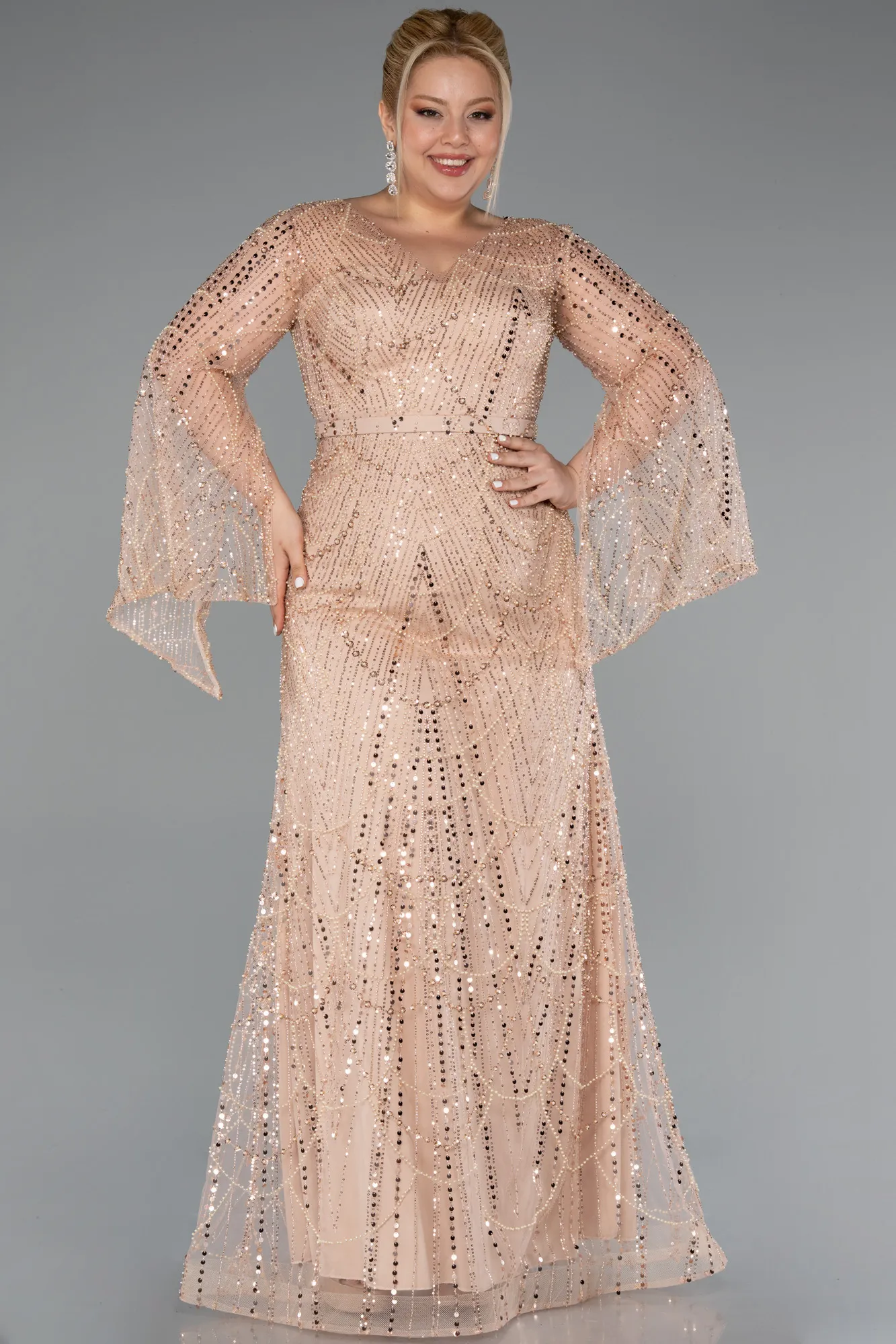 Gold-Long Sleeve V Neck Stoned Plus Size Evening Gown ABU4822