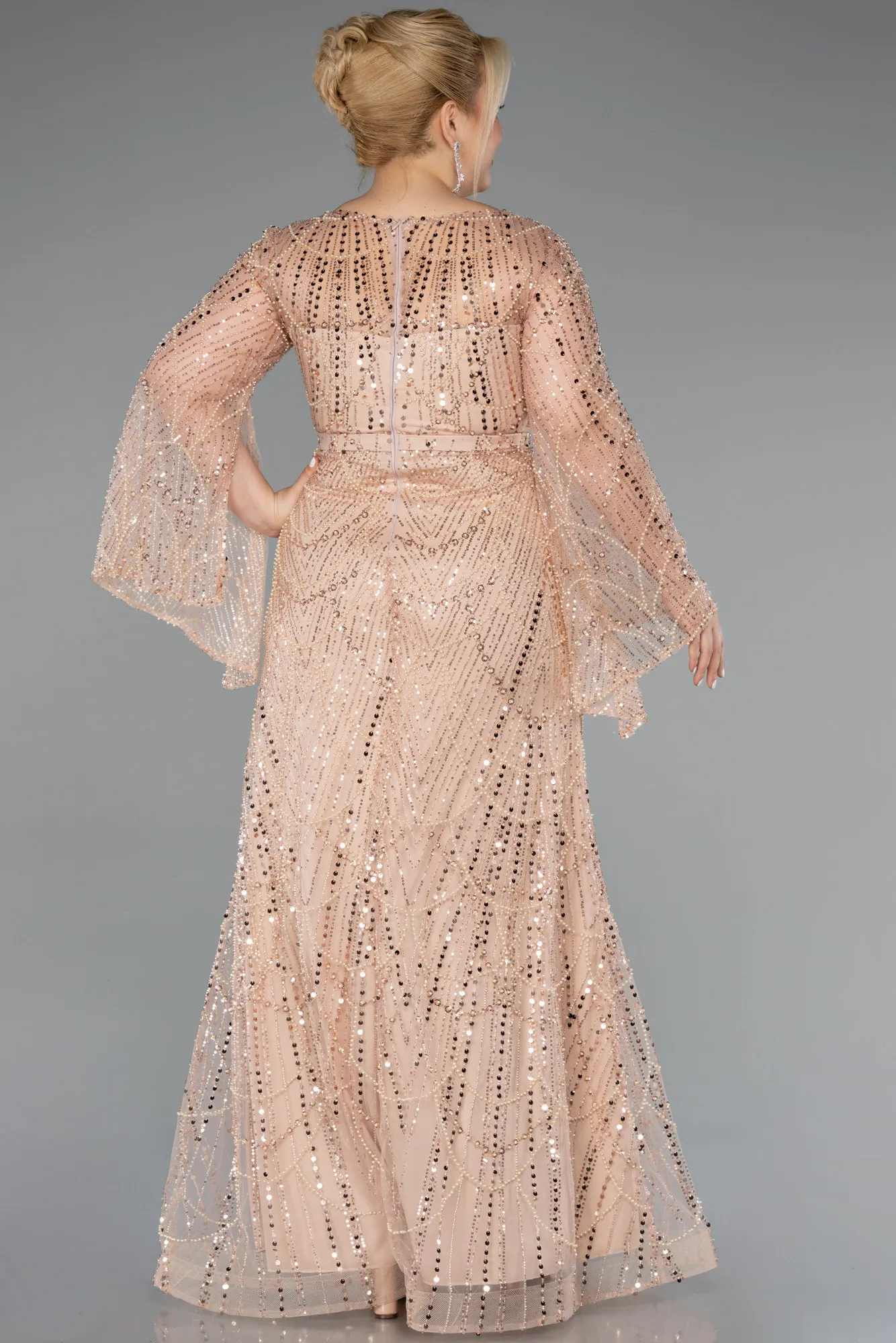 Gold-Long Sleeve V Neck Stoned Plus Size Evening Gown ABU4822