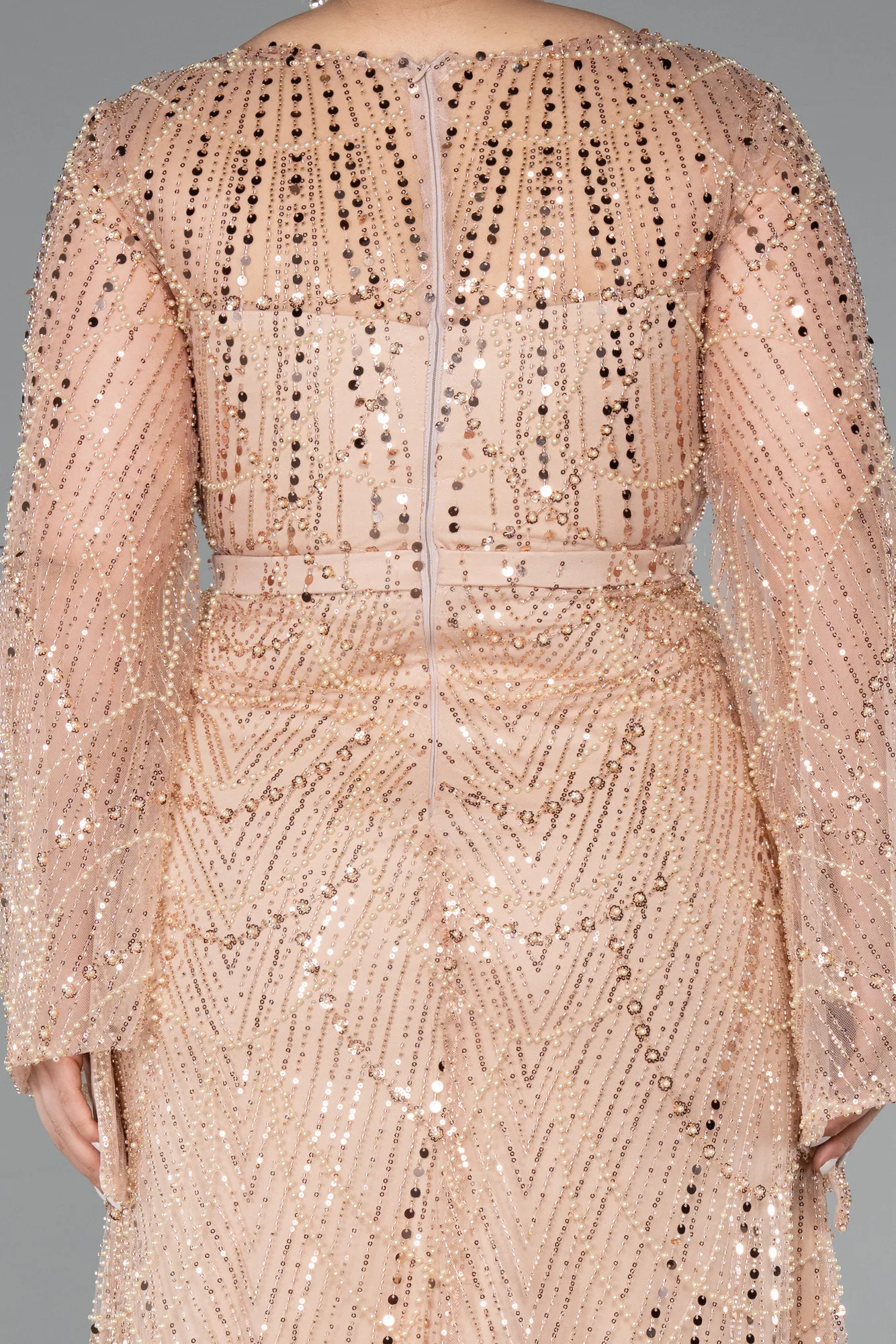 Gold-Long Sleeve V Neck Stoned Plus Size Evening Gown ABU4822