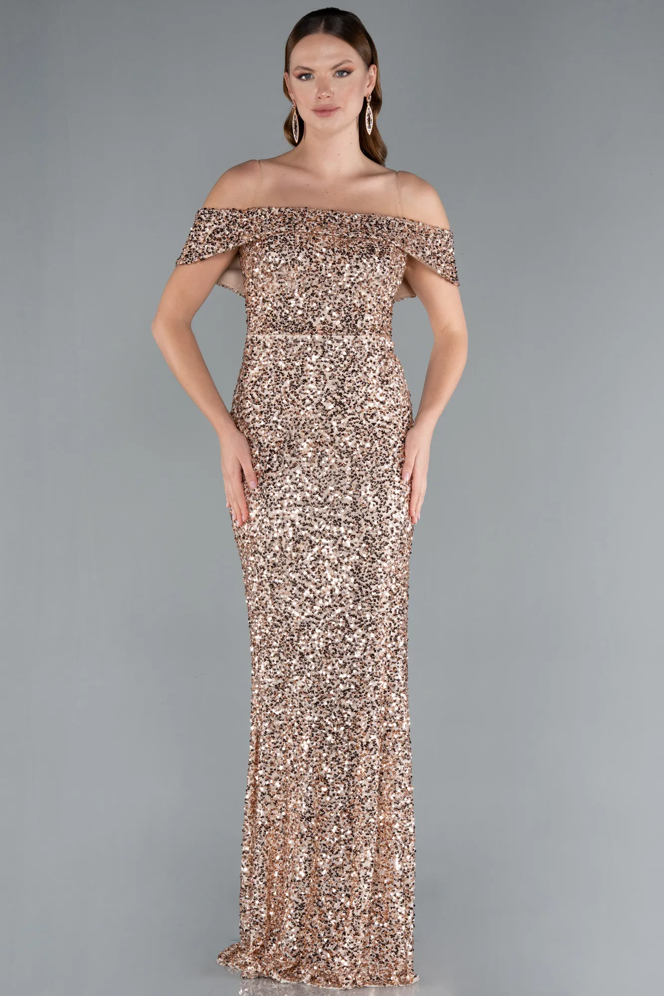 Gold-Off The Shoulder Long Sequin Mermaid Prom Dress ABU4778