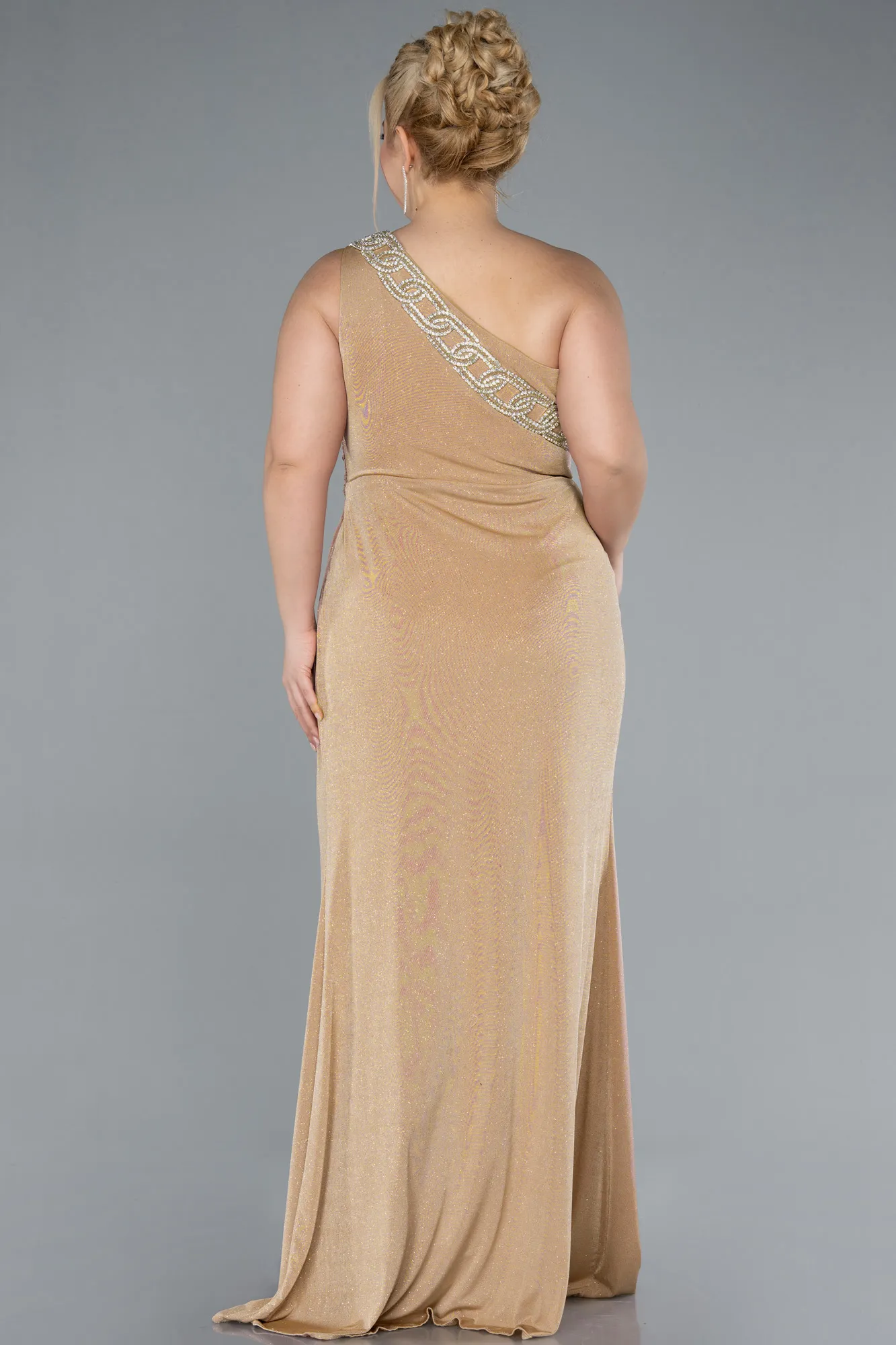 Gold-One Shoulder Slit Glittered Long Plus Size Prom Dress ABU4601
