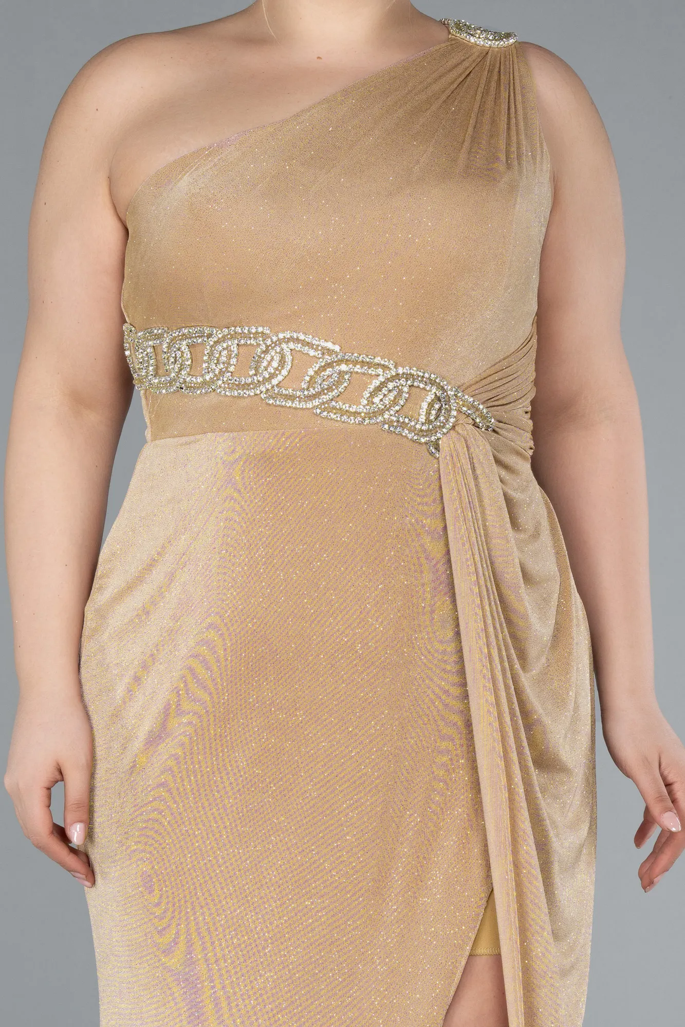 Gold-One Shoulder Slit Glittered Long Plus Size Prom Dress ABU4601