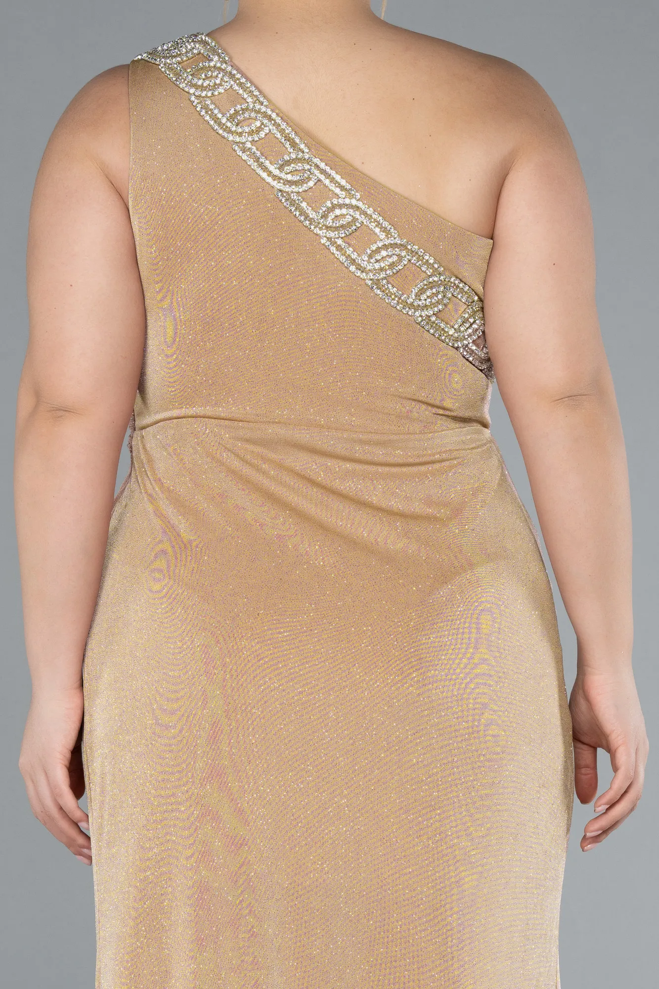 Gold-One Shoulder Slit Glittered Long Plus Size Prom Dress ABU4601