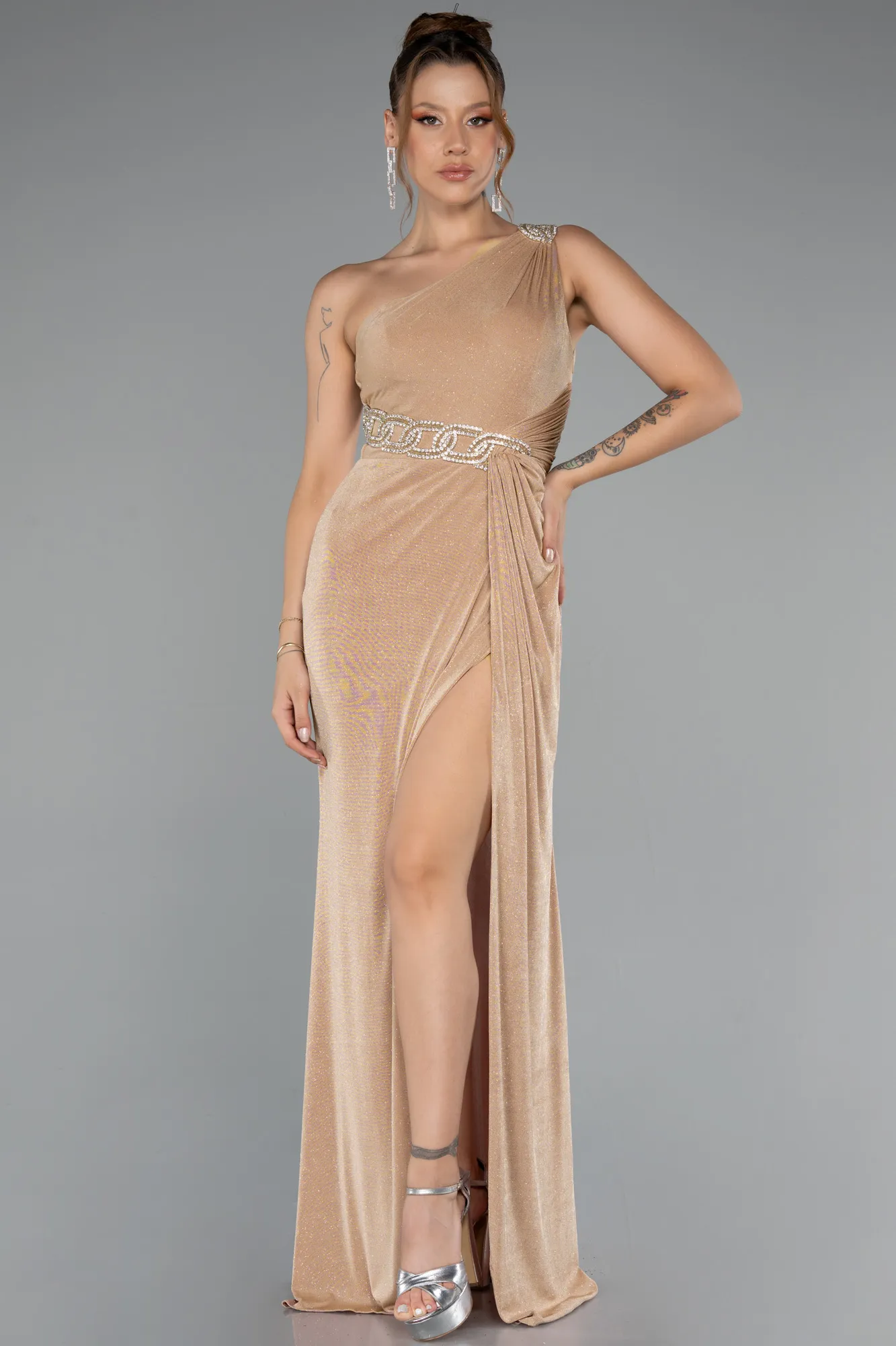 Gold-One Shoulder Slit Glittered Long Prom Dress ABU4599