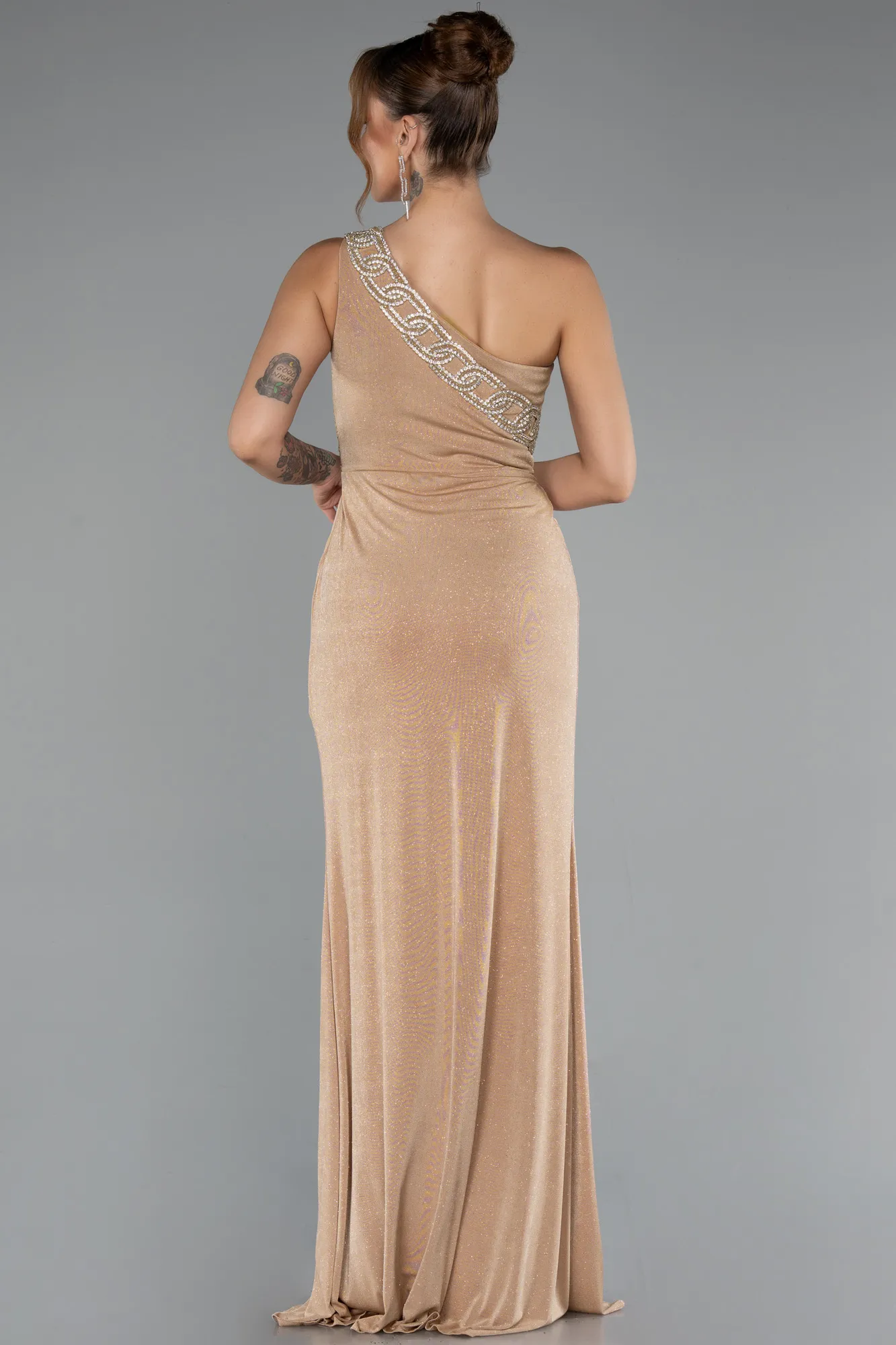 Gold-One Shoulder Slit Glittered Long Prom Dress ABU4599