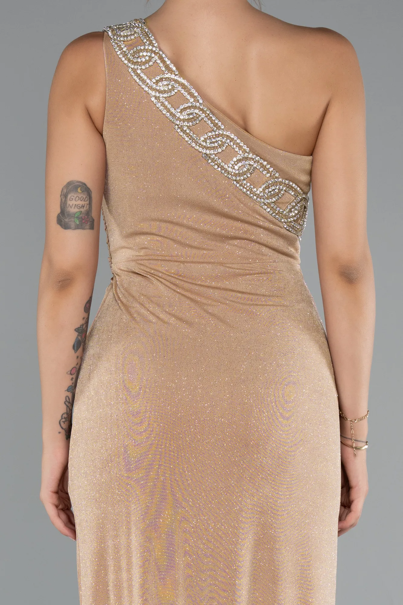 Gold-One Shoulder Slit Glittered Long Prom Dress ABU4599