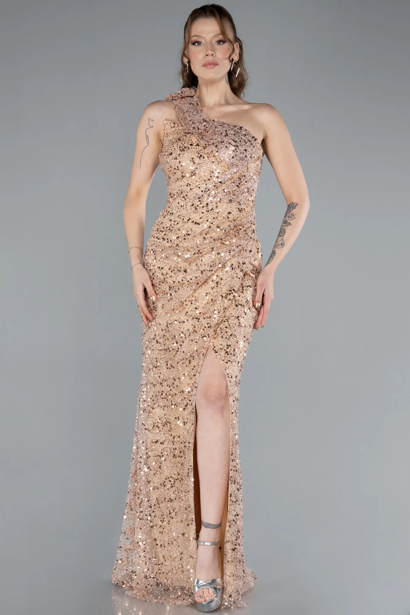 Gold-One Shoulder Slit Long Sequin Evening Gown ABU4694