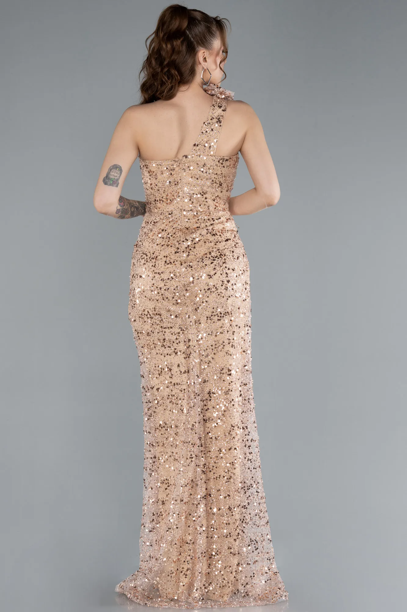 Gold-One Shoulder Slit Long Sequin Evening Gown ABU4694