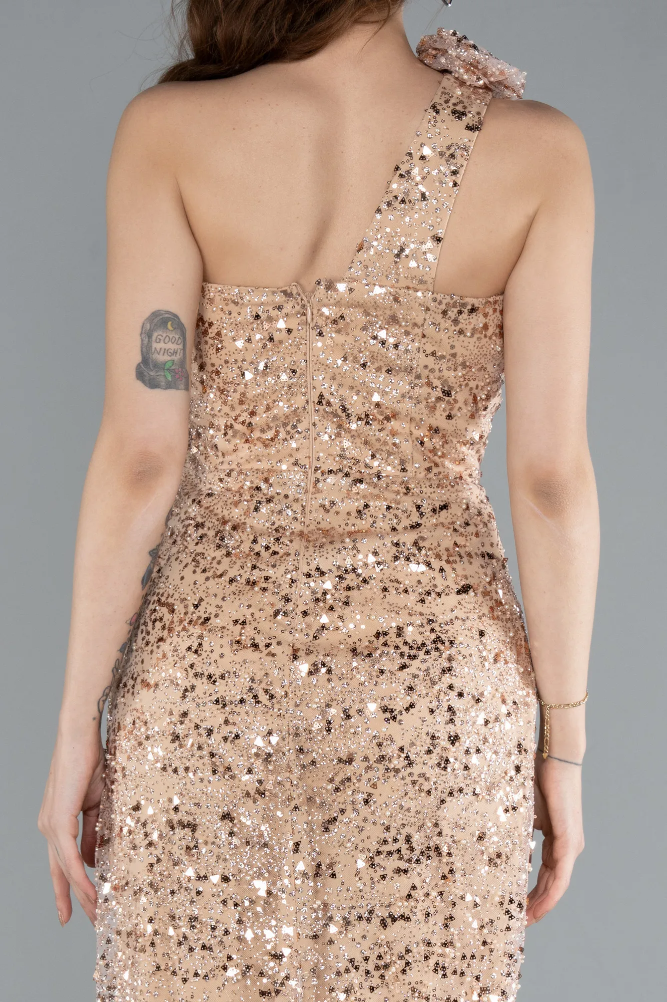 Gold-One Shoulder Slit Long Sequin Evening Gown ABU4694