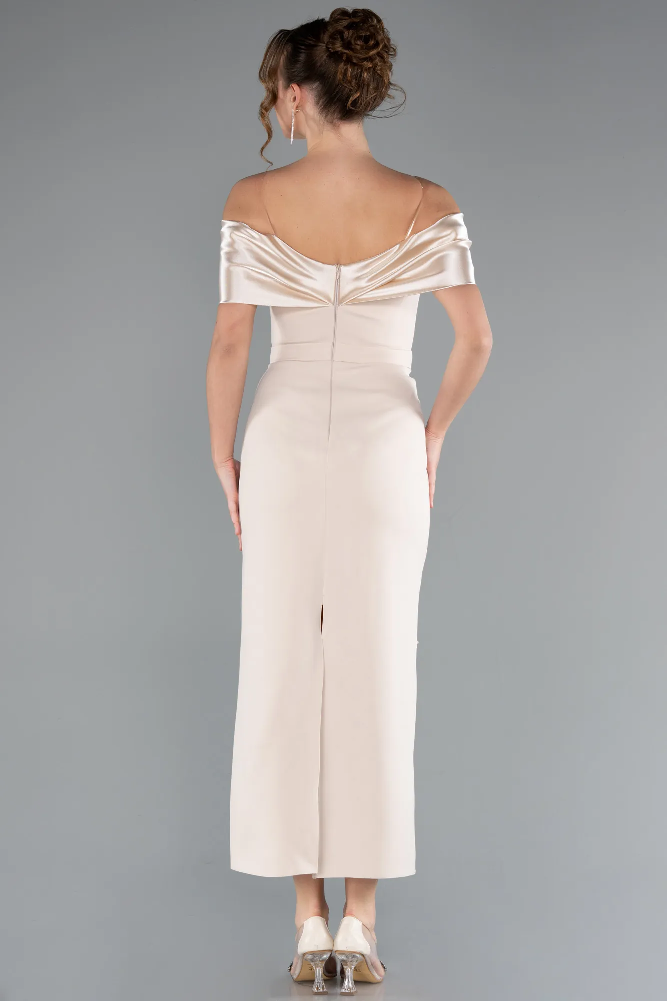 Gold-Satin Boat Neck Stone Midi Evening Dress ABK2212