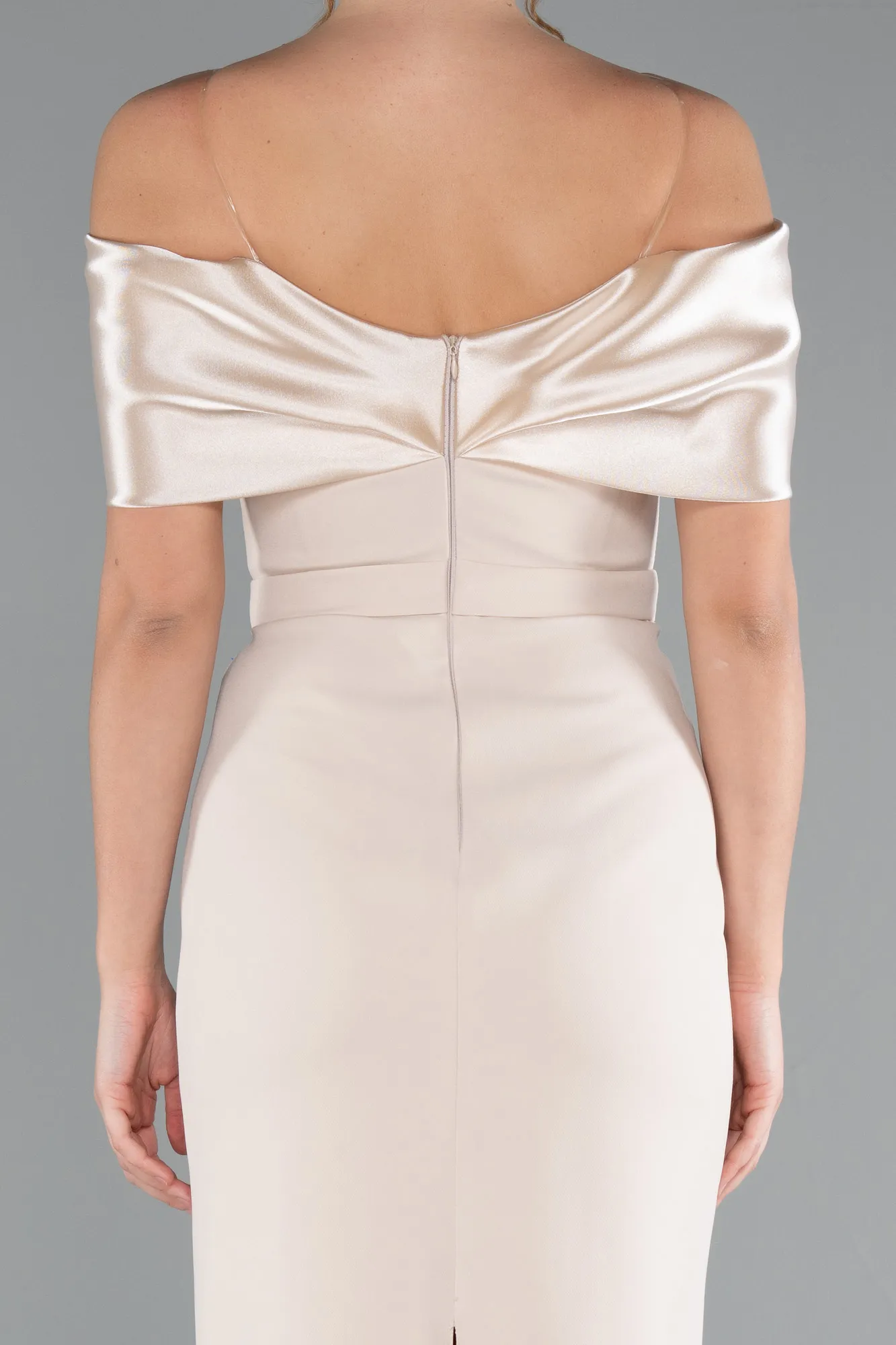 Gold-Satin Boat Neck Stone Midi Evening Dress ABK2212