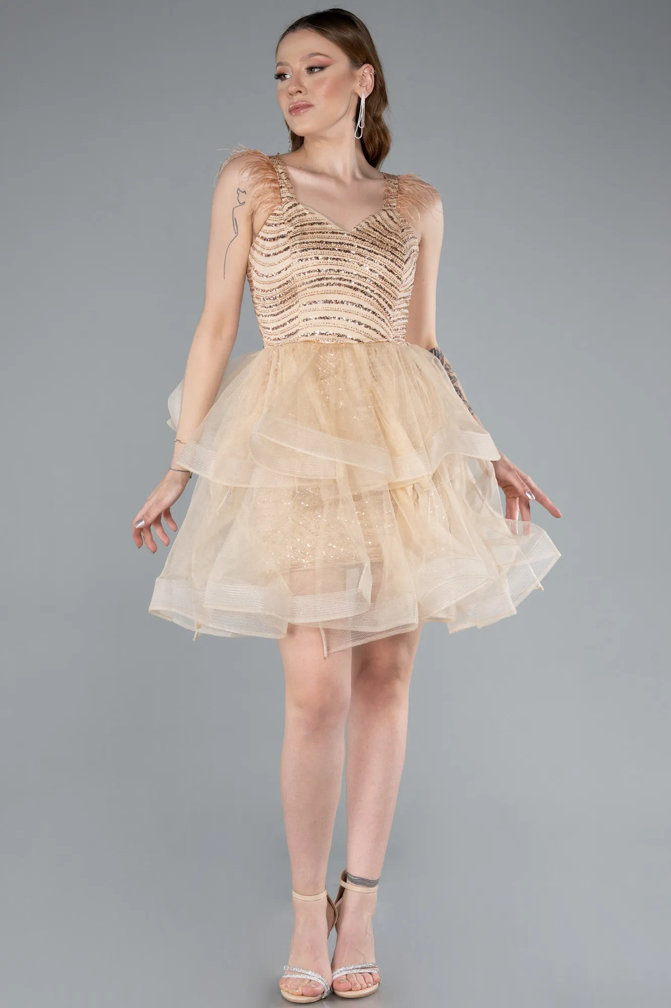 Gold-Sequin Feather Straps Layered Tulle Mini Dress ABK2325