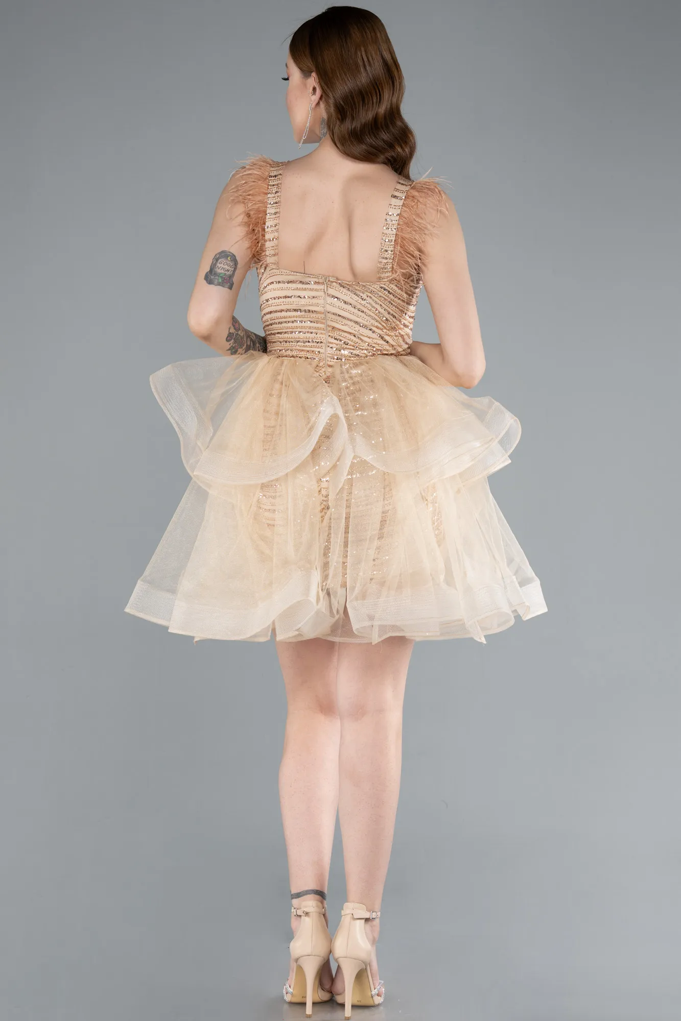Gold-Sequin Feather Straps Layered Tulle Mini Dress ABK2325