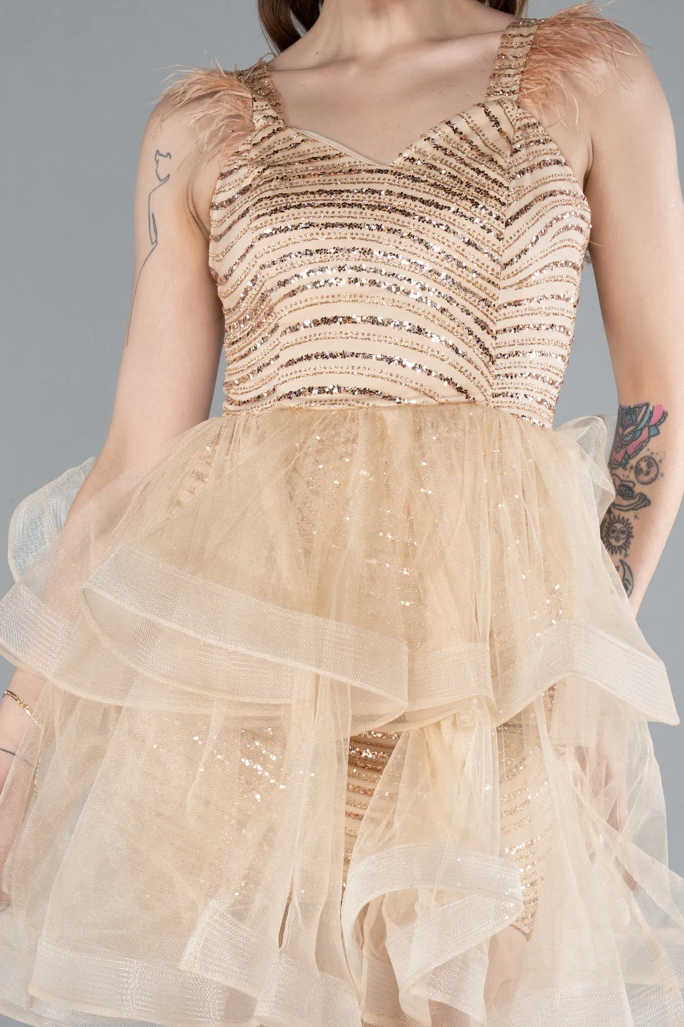 Gold-Sequin Feather Straps Layered Tulle Mini Dress ABK2325