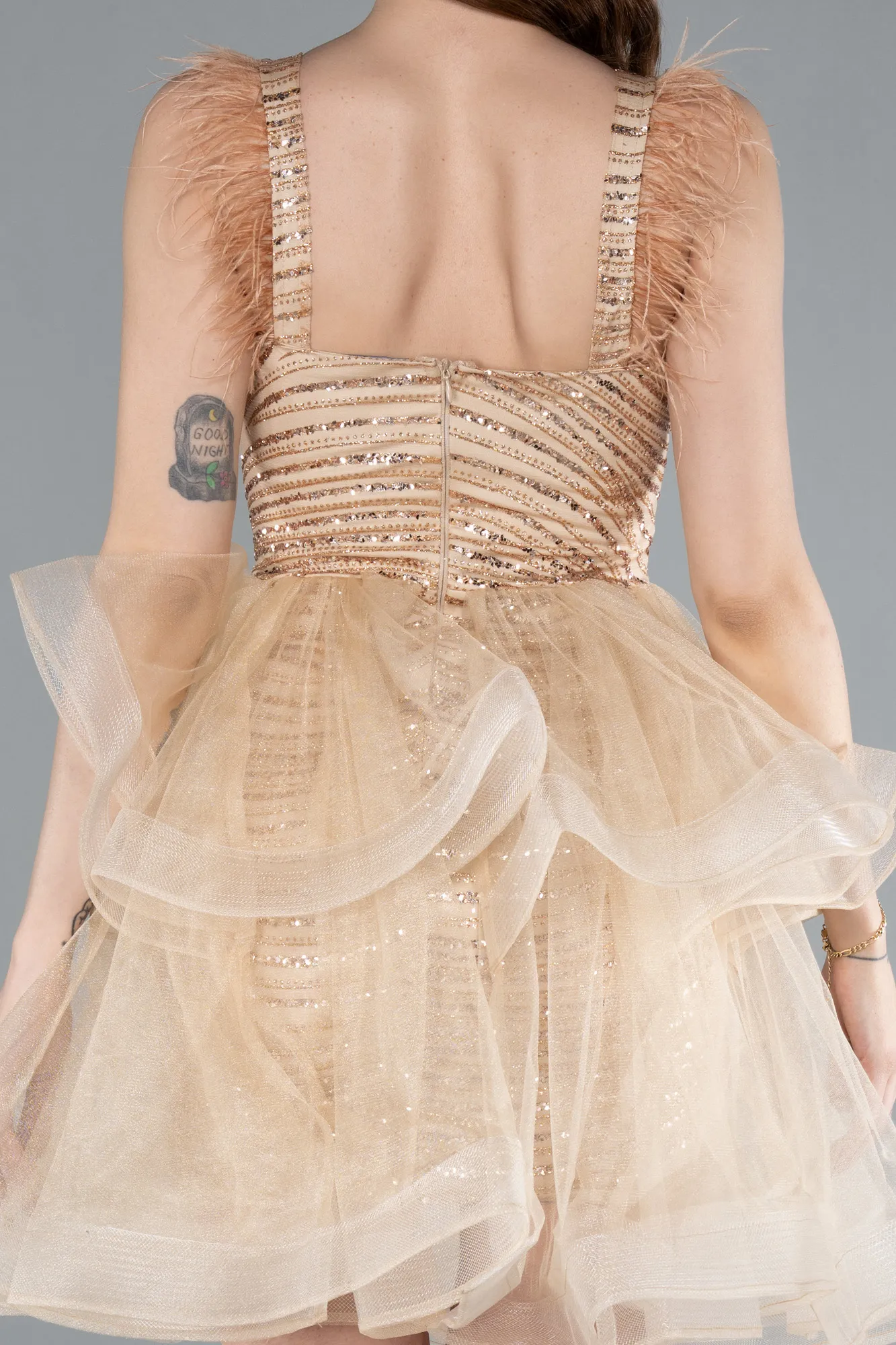 Gold-Sequin Feather Straps Layered Tulle Mini Dress ABK2325