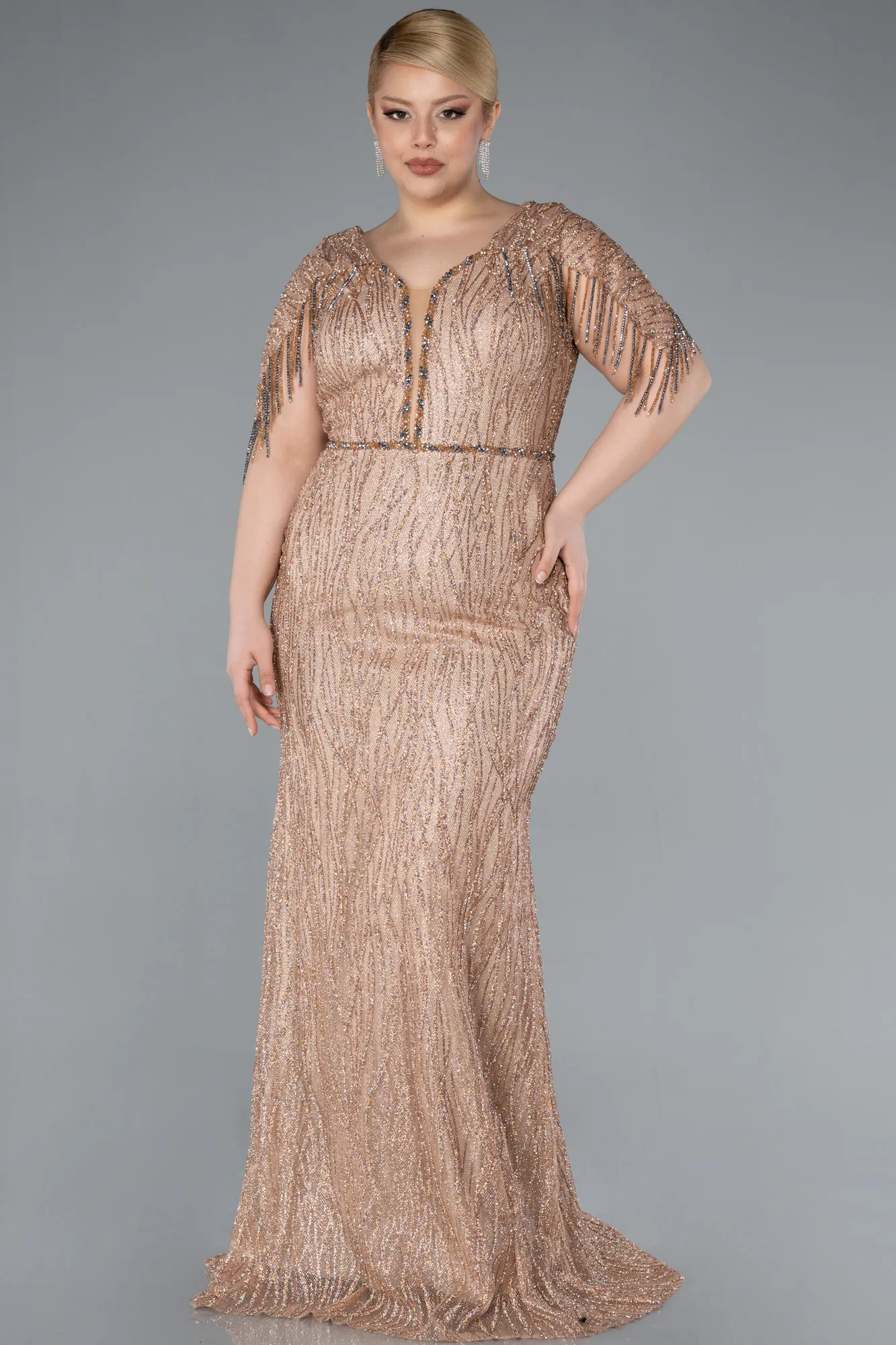 Gold-Short Sleeve Stony Long Plus Size Special Design Evening Dress ABU4146