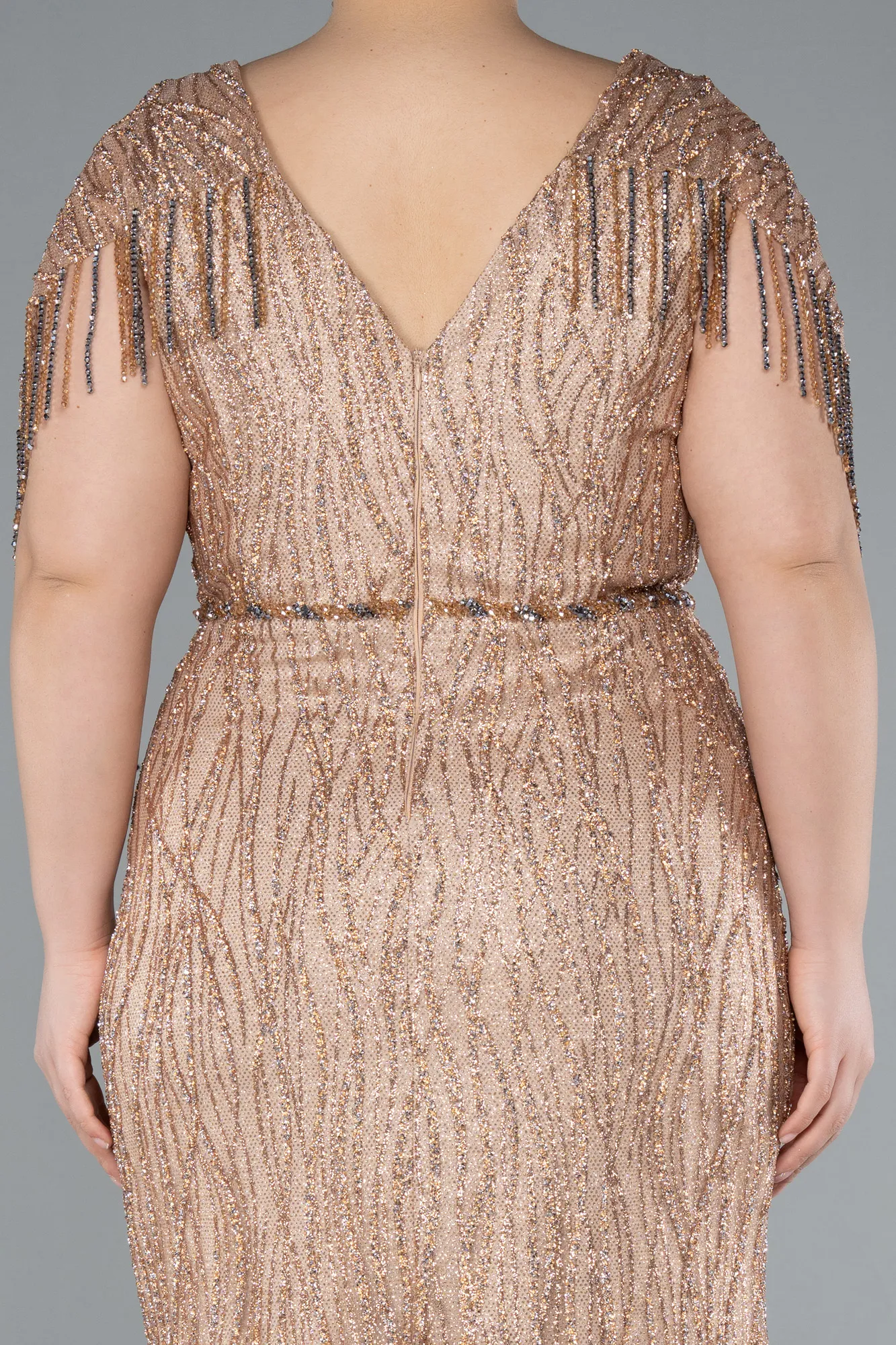 Gold-Short Sleeve Stony Long Plus Size Special Design Evening Dress ABU4146