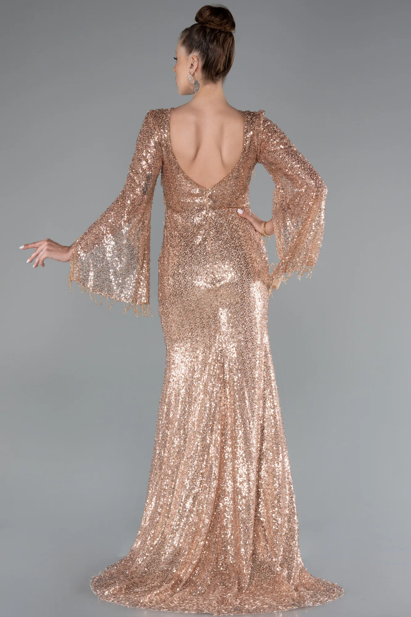 Gold-Slit Shawl Sleeve Long Special Design Beaded Evening Dress ABU5002