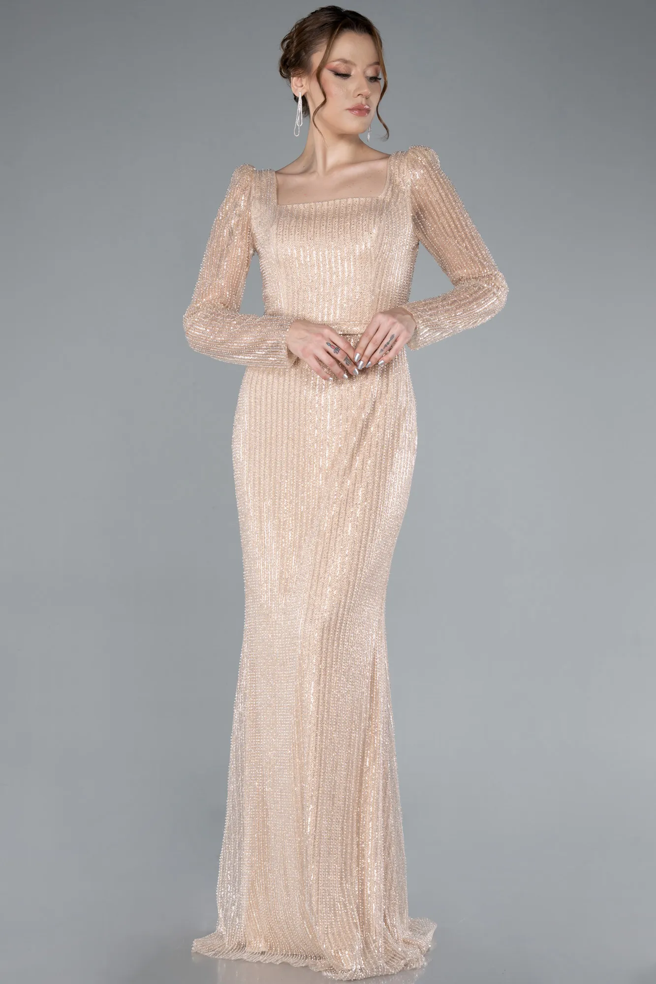 Gold-Square Neck Beaded Long Evening Gown ABU4804