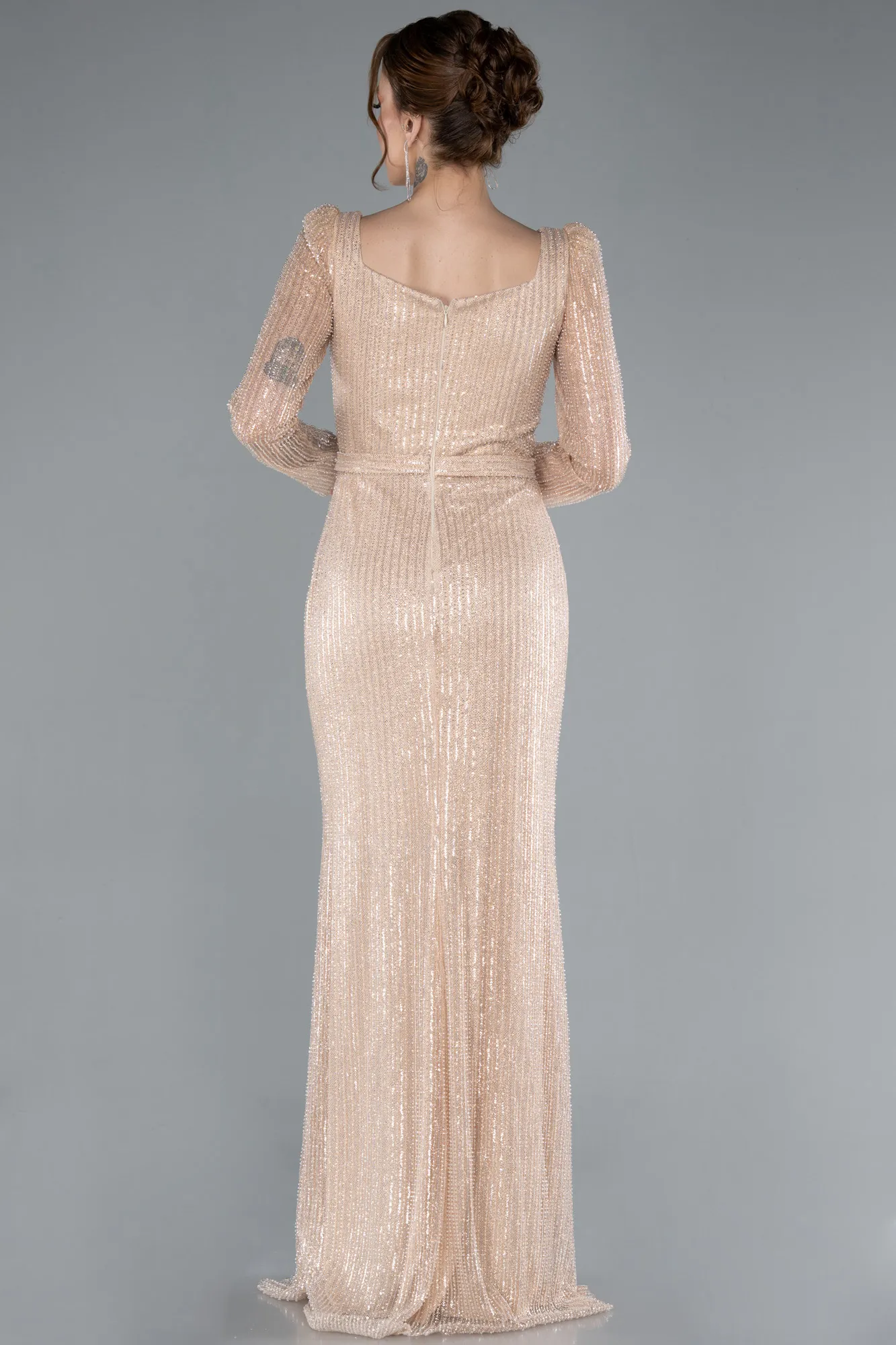 Gold-Square Neck Beaded Long Evening Gown ABU4804
