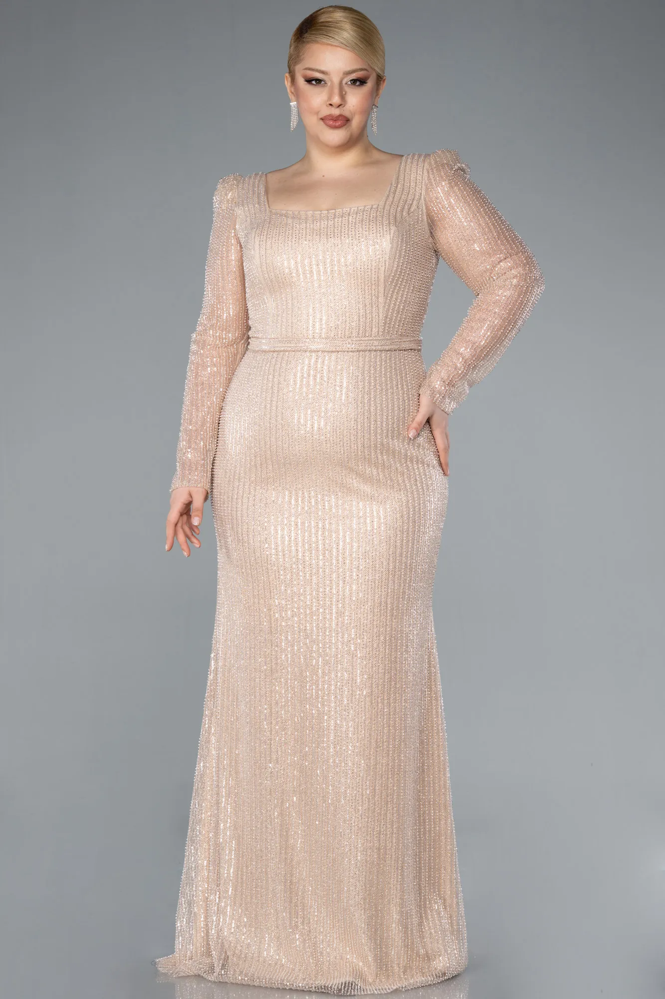Gold-Square Neck Beaded Long Plus Size Evening Gown ABU4805