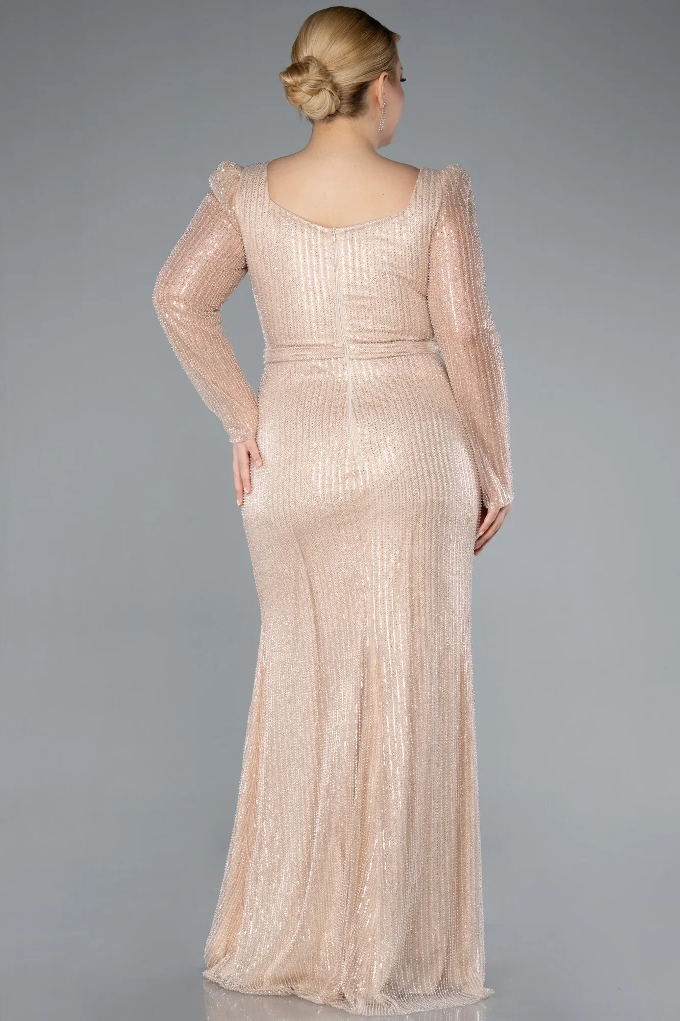 Gold-Square Neck Beaded Long Plus Size Evening Gown ABU4805