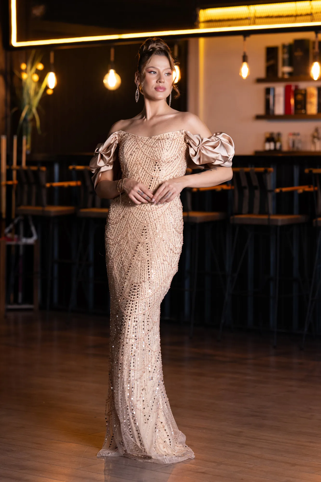 Gold-Stoned Strapless Sleeve Accessories Long Mermaid Evening Gown ABU4509