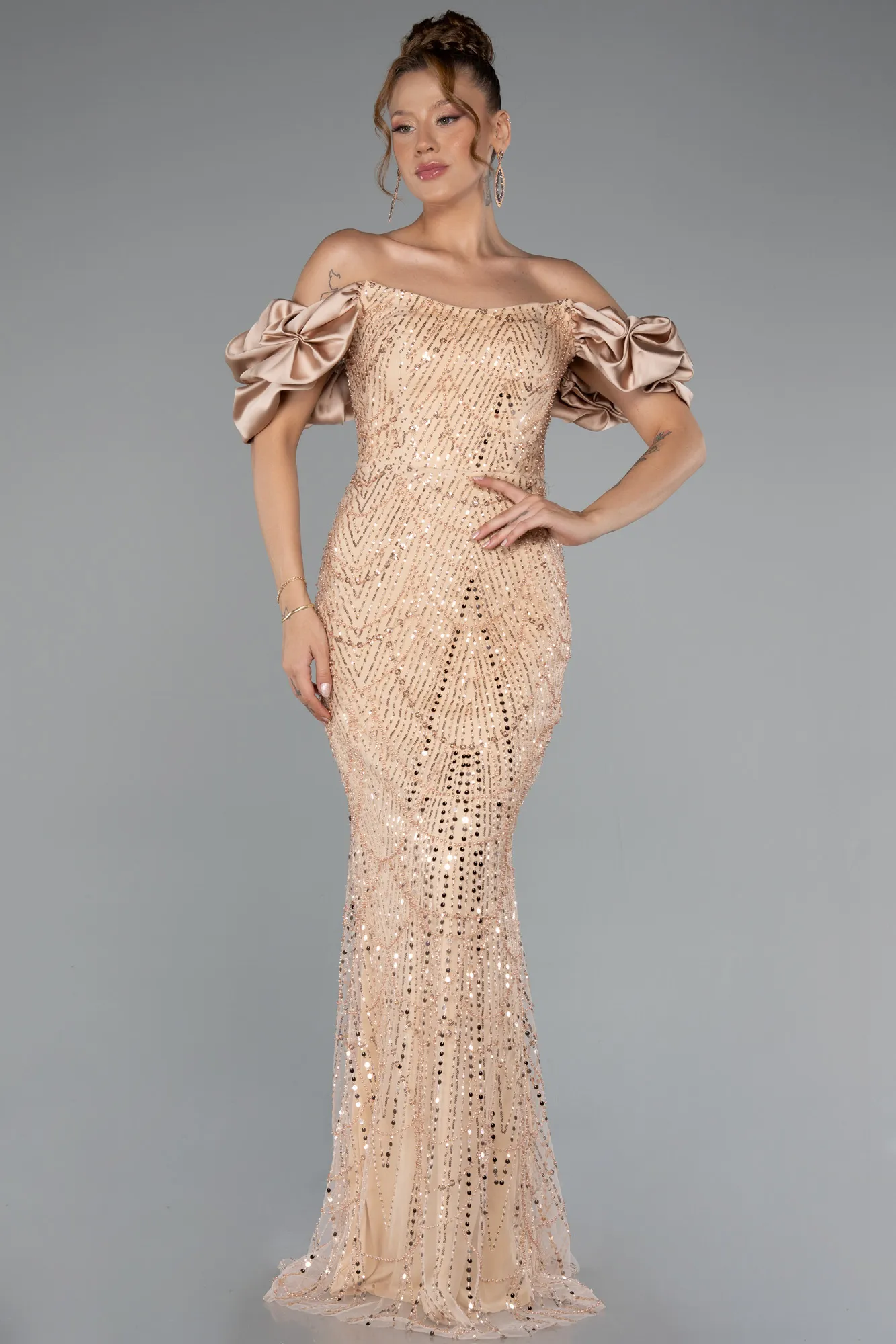 Gold-Stoned Strapless Sleeve Accessories Long Mermaid Evening Gown ABU4509