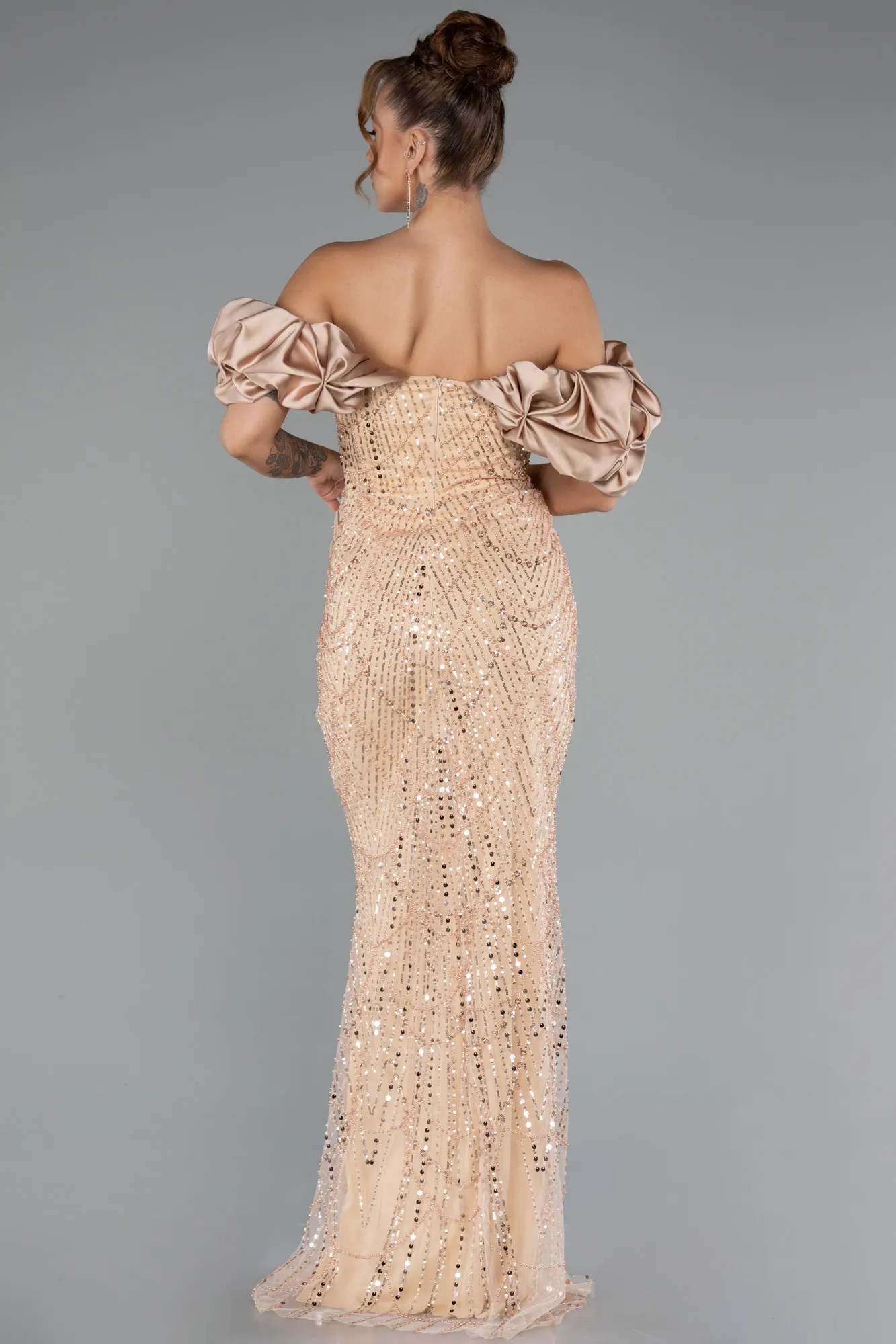 Gold-Stoned Strapless Sleeve Accessories Long Mermaid Evening Gown ABU4509