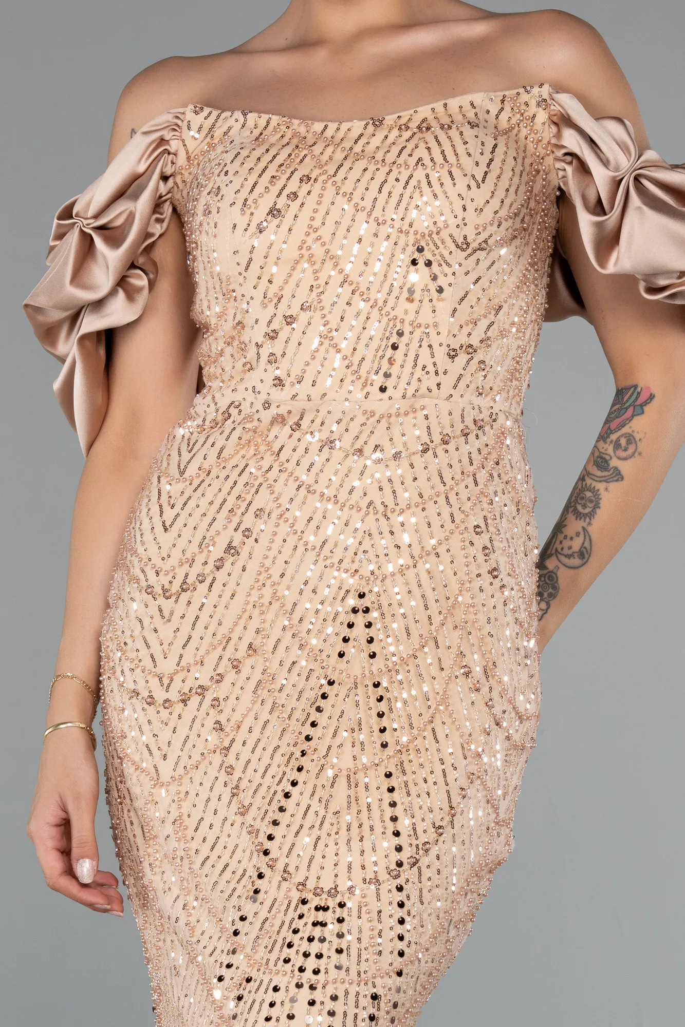 Gold-Stoned Strapless Sleeve Accessories Long Mermaid Evening Gown ABU4509