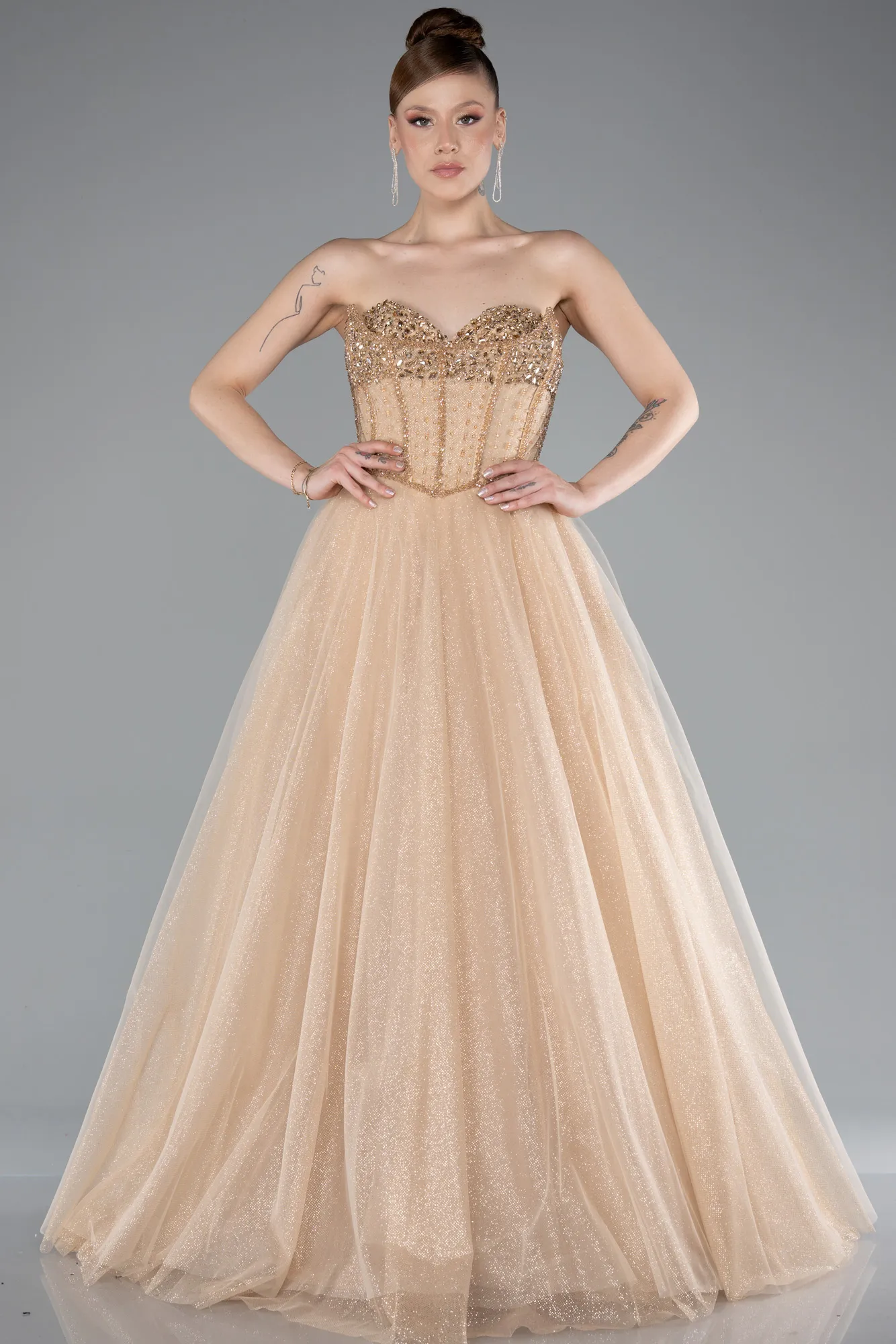 Gold-Stoned Strapless Underwire Long Silvery Ball Gown ABU4689