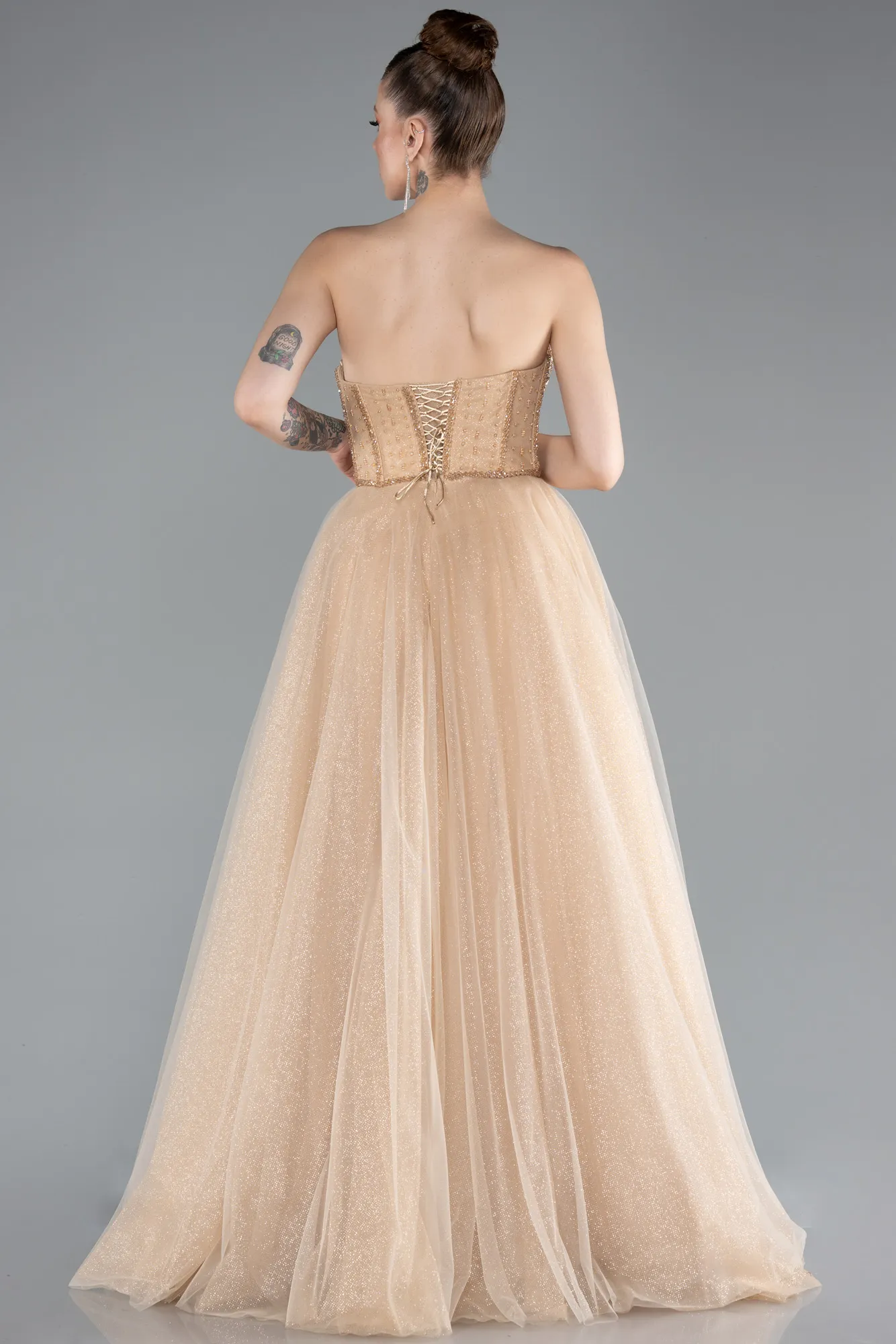 Gold-Stoned Strapless Underwire Long Silvery Ball Gown ABU4689