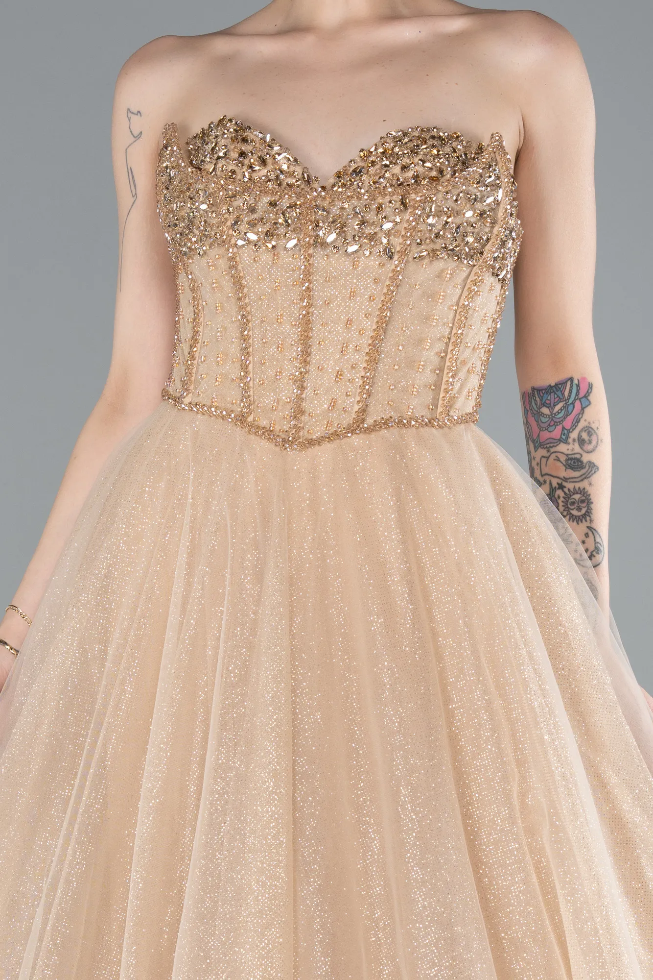 Gold-Stoned Strapless Underwire Long Silvery Ball Gown ABU4689