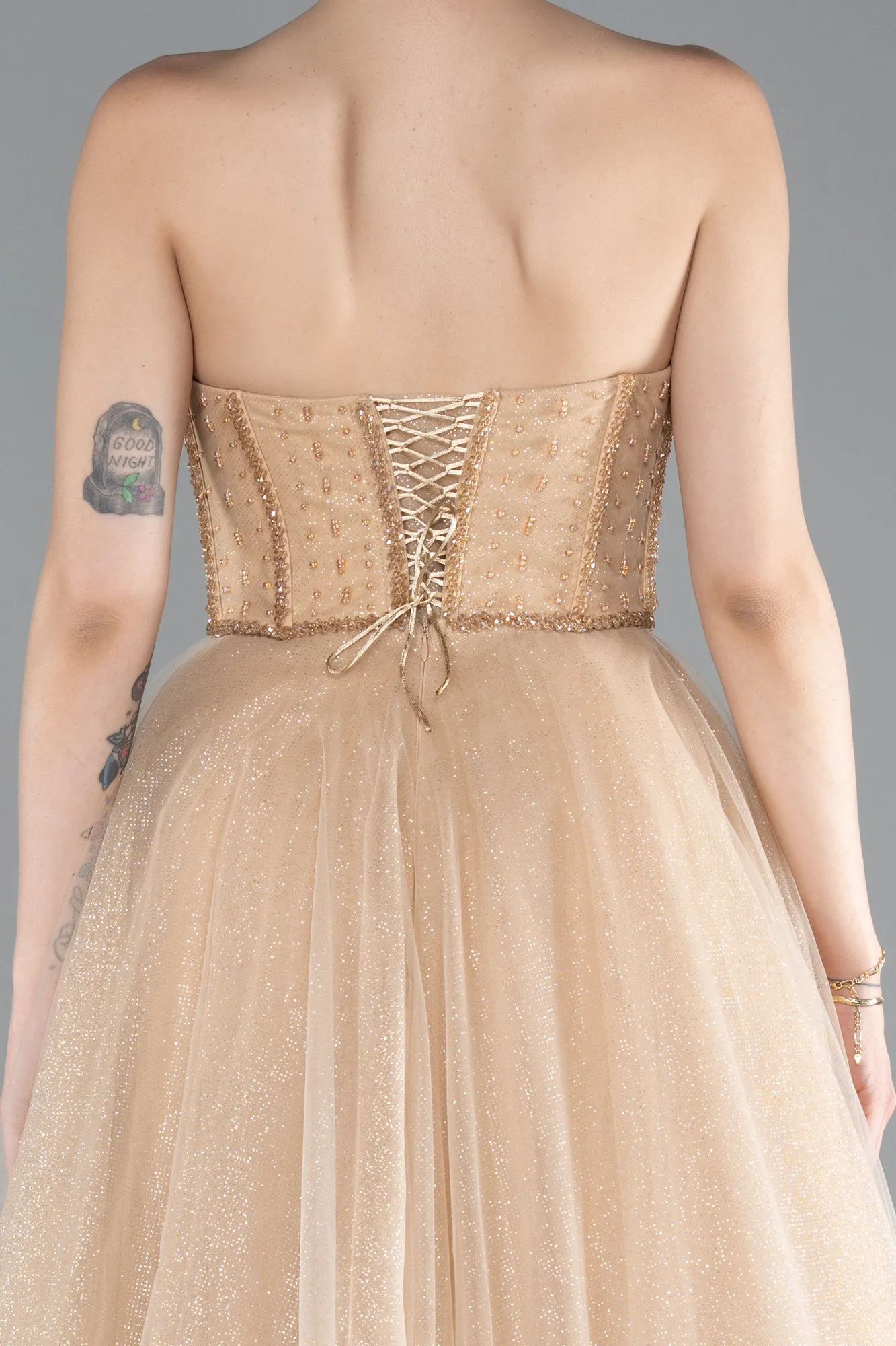 Gold-Stoned Strapless Underwire Long Silvery Ball Gown ABU4689