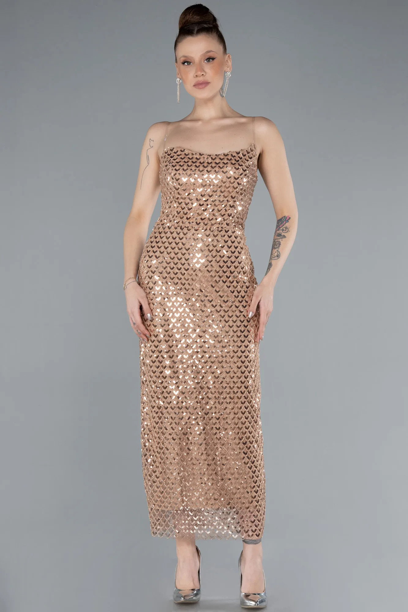Gold-Strapless Midi Sequined Cocktail Dress ABK2258