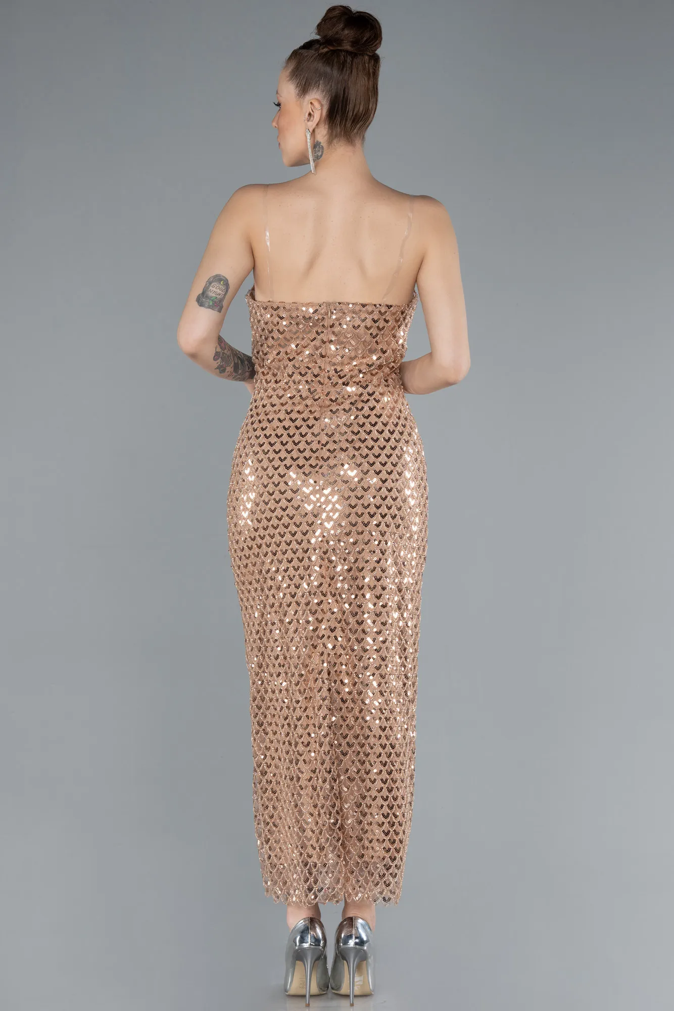 Gold-Strapless Midi Sequined Cocktail Dress ABK2258