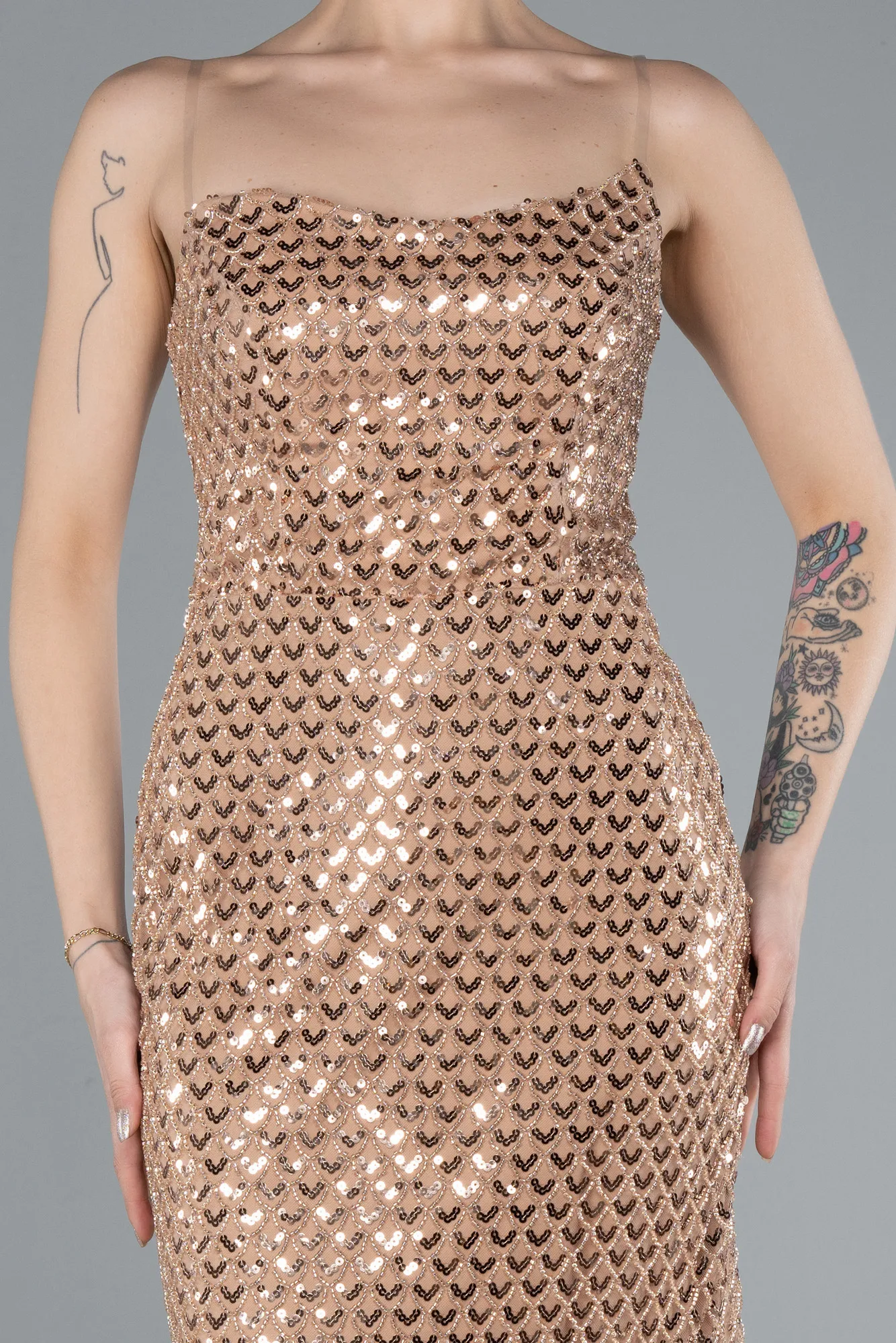 Gold-Strapless Midi Sequined Cocktail Dress ABK2258