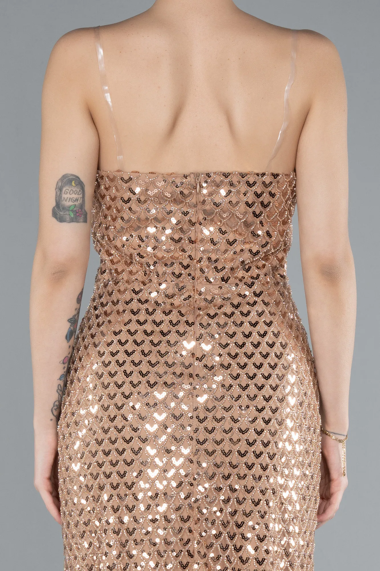 Gold-Strapless Midi Sequined Cocktail Dress ABK2258
