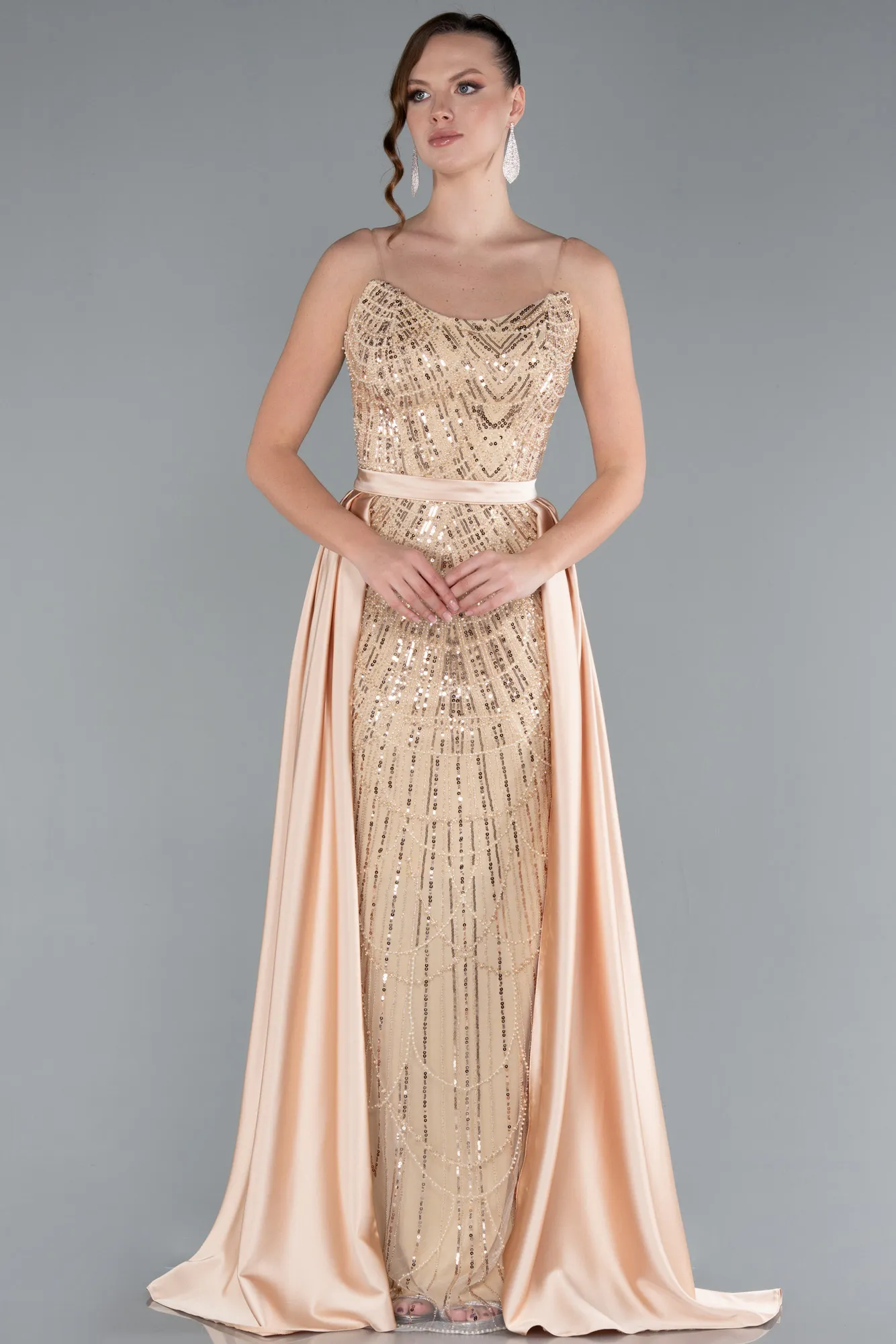 Gold-Strapless Satin Tail Long Beaded Evening Gown ABU4745