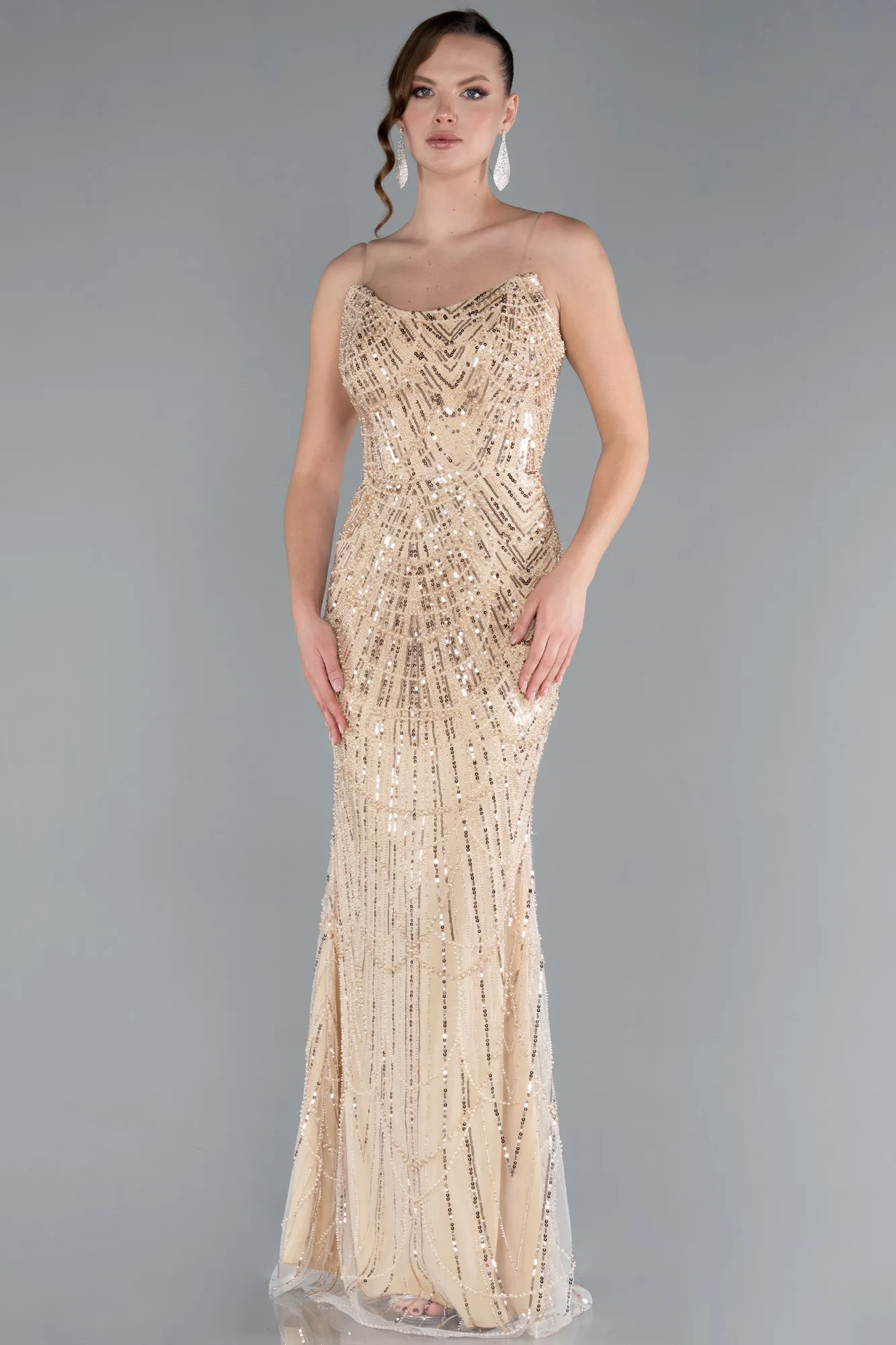 Gold-Strapless Satin Tail Long Beaded Evening Gown ABU4745