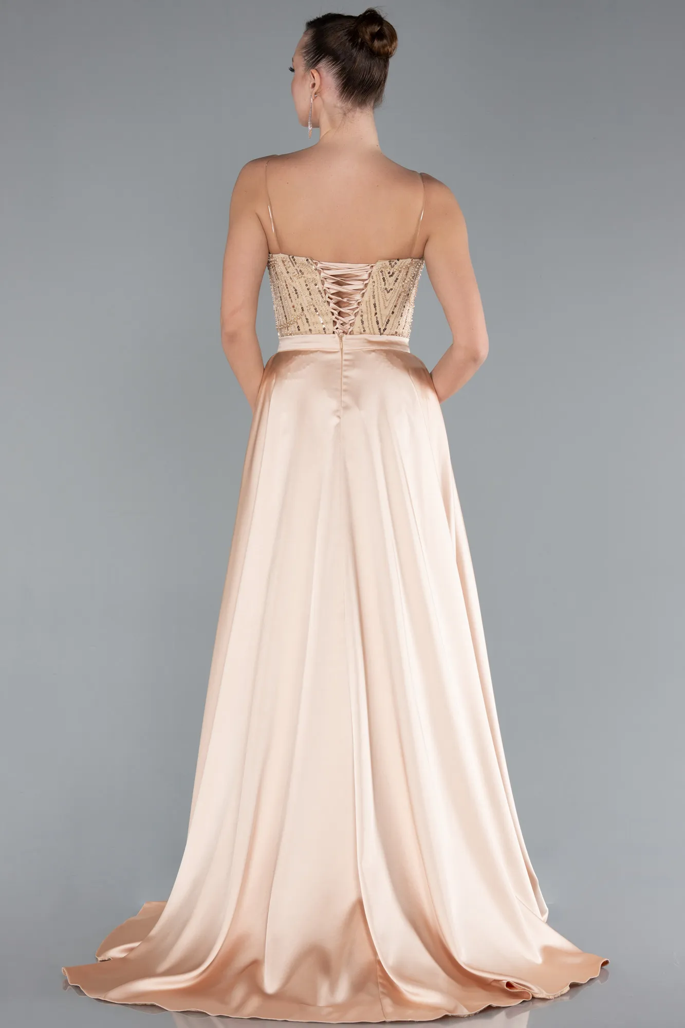 Gold-Strapless Satin Tail Long Beaded Evening Gown ABU4745