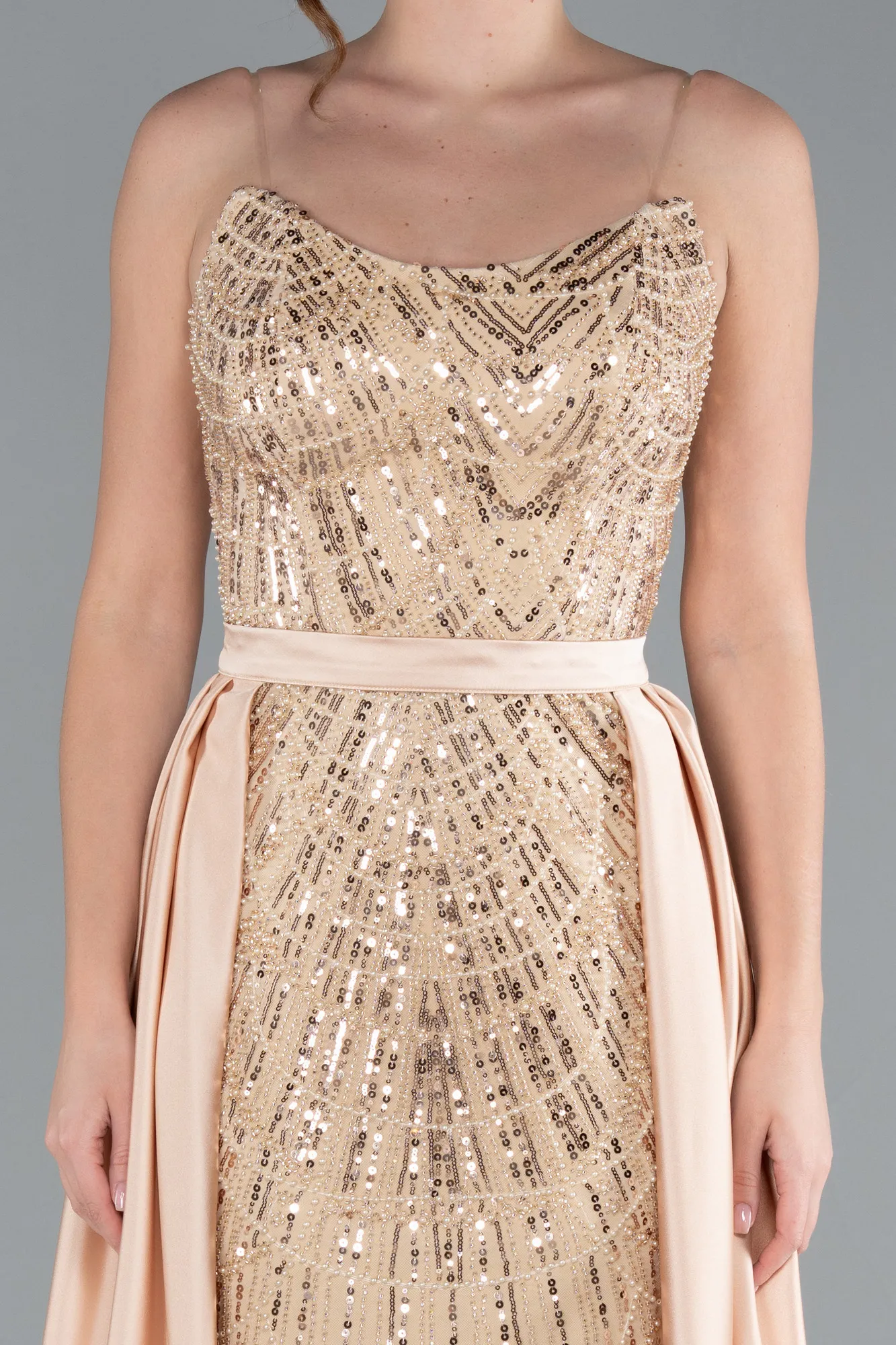 Gold-Strapless Satin Tail Long Beaded Evening Gown ABU4745