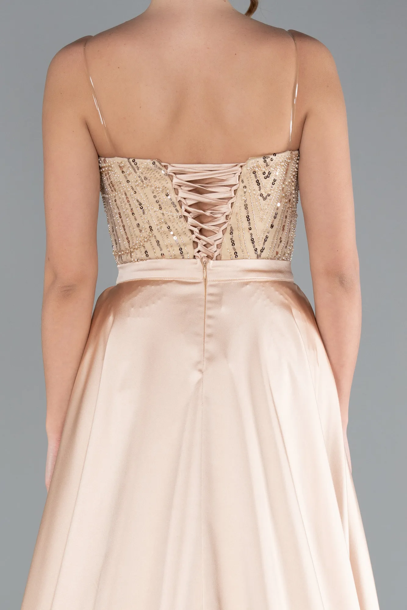 Gold-Strapless Satin Tail Long Beaded Evening Gown ABU4745