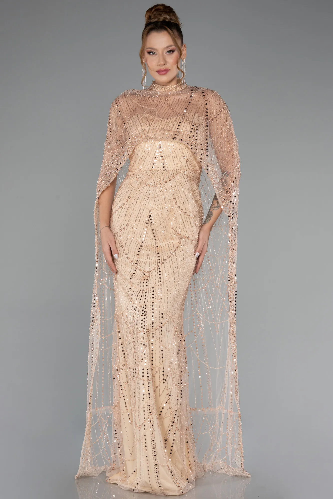 Gold-Strapless Shawl Stoned Long Evening Gown ABU4517