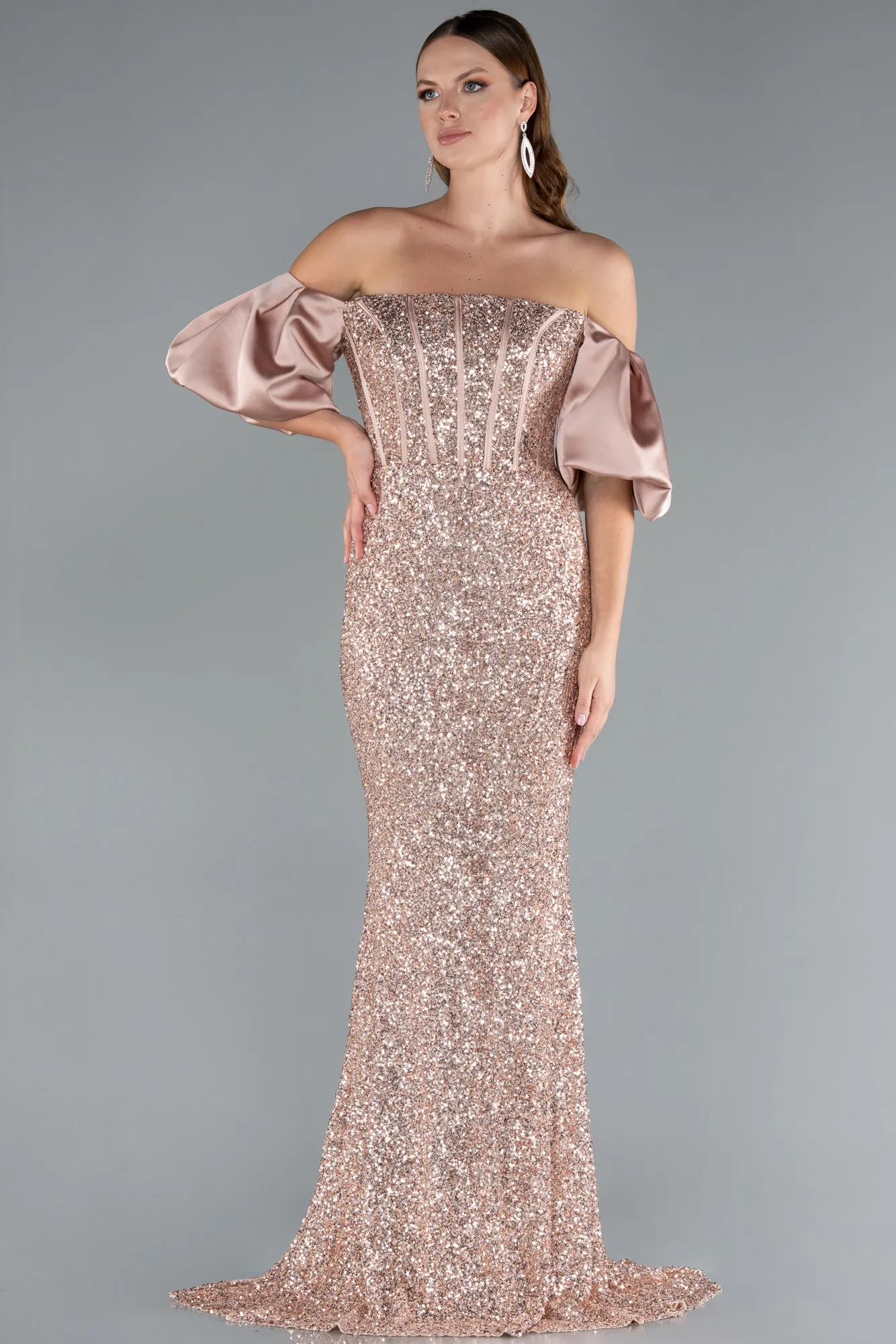Gold-Strapless Sleeve Accessories Long Scaly Evening Gown ABU4308