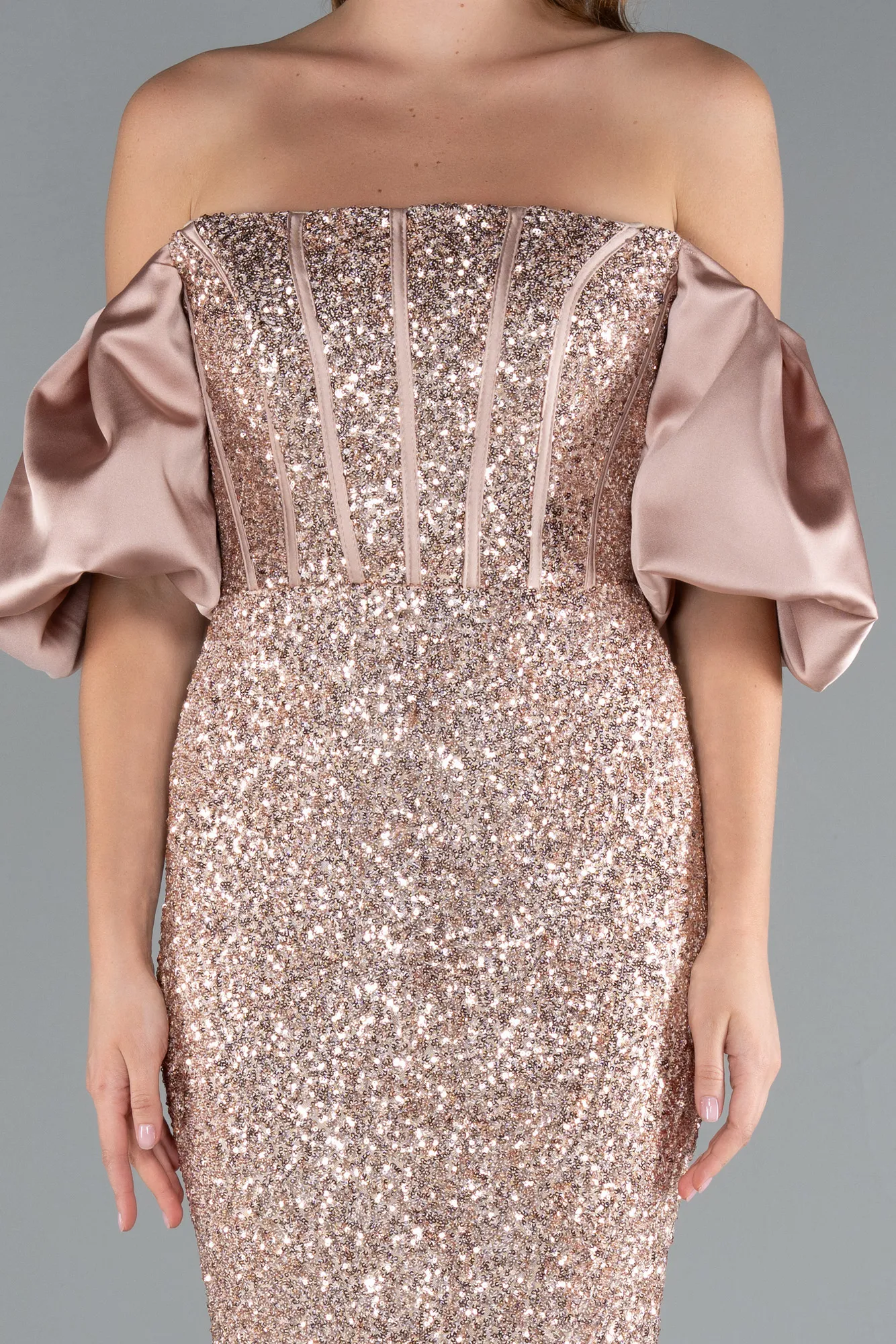 Gold-Strapless Sleeve Accessories Long Scaly Evening Gown ABU4308