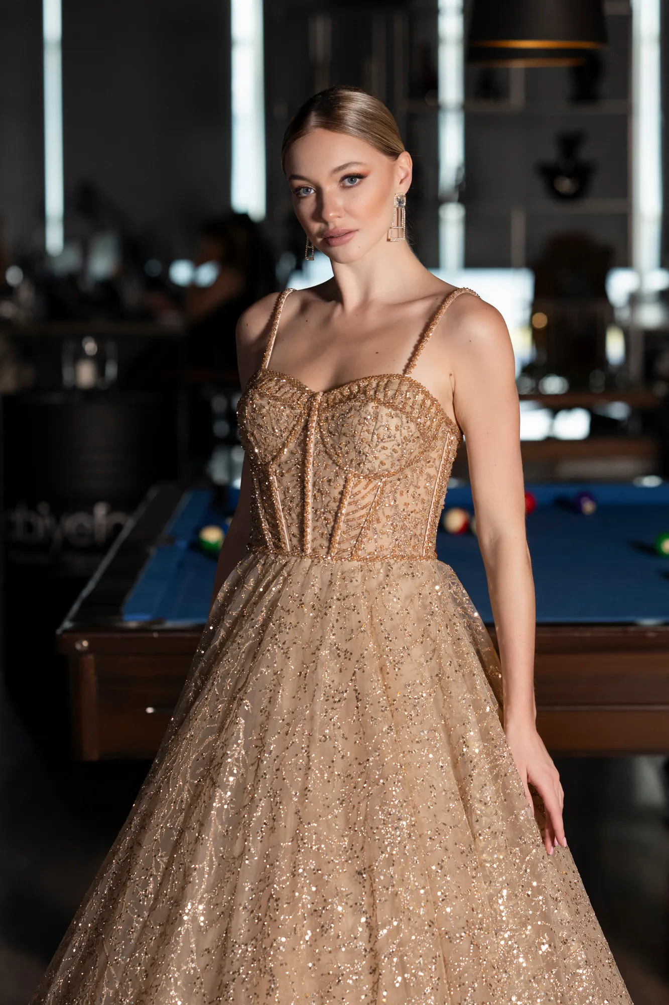Gold-Strappy Glitter Long Ball Gown ABU3839