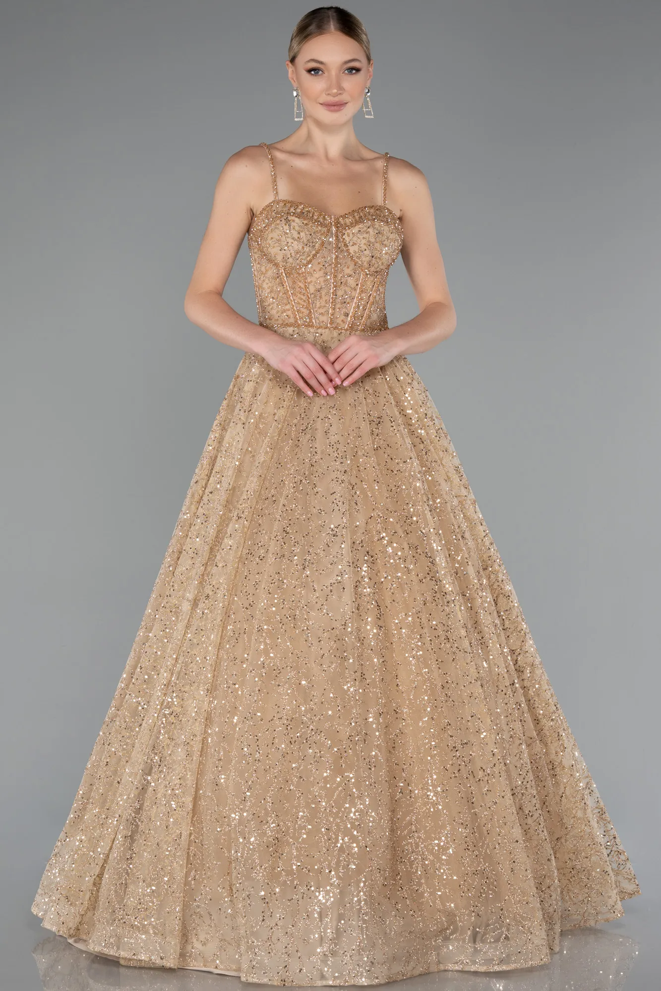 Gold-Strappy Glitter Long Ball Gown ABU3839