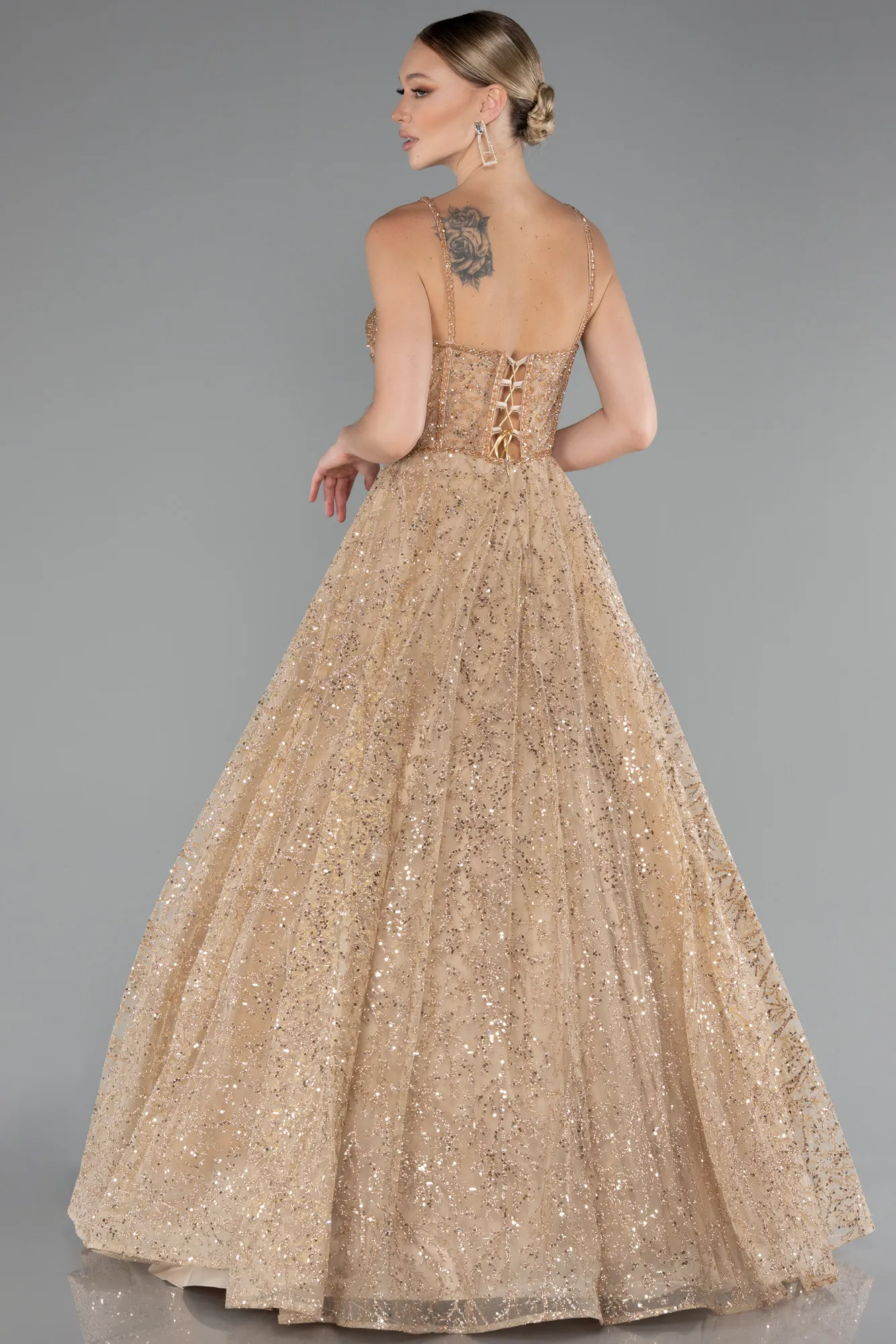 Gold-Strappy Glitter Long Ball Gown ABU3839